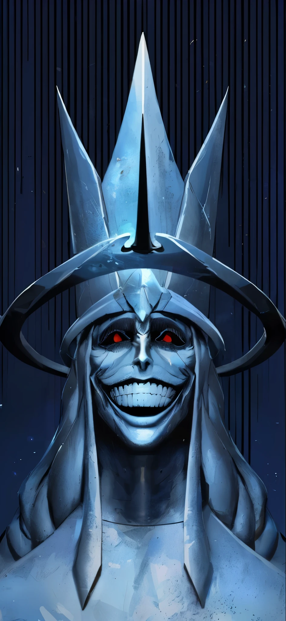 ((samdoesart)), a closeup of a statue of a man with a crown on his head, evil villain smile, sorriso maligno, retrato do deus da morte, arte digital, ((kinematics)), detalhado, stone statue, rocha, textura de pedra, 4k