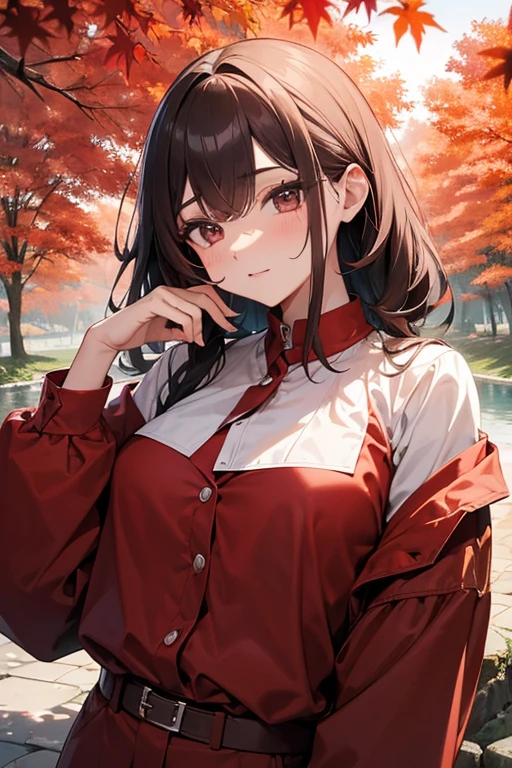 ((obra de arte, melhor qualidade)), ultra detalhado, arte oficial, papel de parede da unidade 8k, traje oficial, jovem mulher bonita, Sozinho, rosto perfeito, pele brilhante, Alunos brilhantes, Cabelo Pick Tingido de Vermelho, dia, Background is Fire Red Maple Forest, folha de bordo, ribeirinho, ponte de madeira, aesthetics, (superior_corpo), nua, fazendo sexo, com um homem