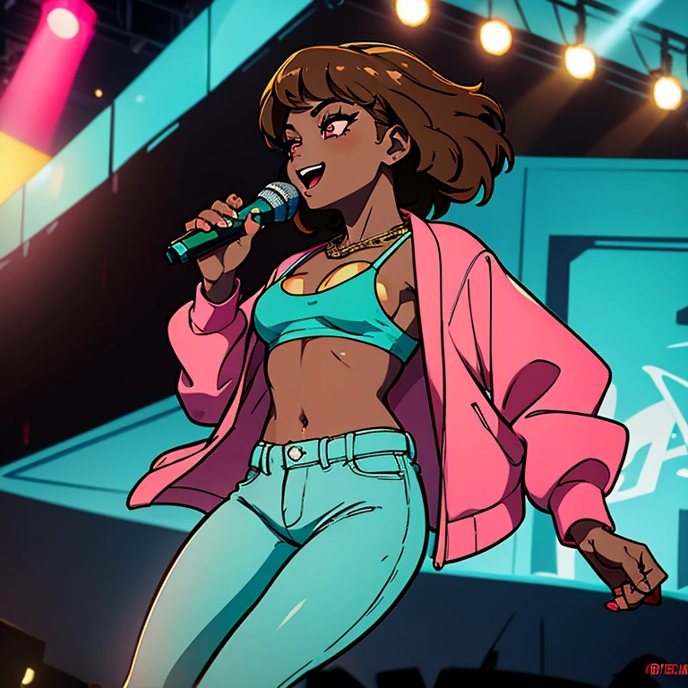 ((masterpiece)), high quality, best quality, beautiful, hd, perfect lighting, detailed face, detailed body, 1 girl, solo, full body view, wide angle, ((dark brown skin:1.3)), ((turquoise hair:1.3)), (pink eyes, small breasts), singing, on stage, microphone in hand, music festival, rapping, concert, wearing a pink jacket and some tight hot pants, gold chain, sunglasses, cheerful,