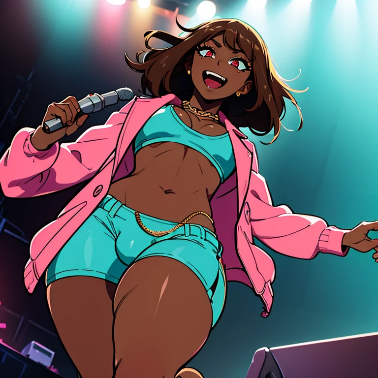 ((masterpiece)), high quality, best quality, beautiful, hd, perfect lighting, detailed face, detailed body, 1 girl, solo, full body view, wide angle, ((dark brown skin:1.3)), ((turquoise hair:1.3)), (pink eyes, small breasts), singing, on stage, microphone in hand, music festival, rapping, concert, wearing a pink jacket and some tight hot pants, gold chain, sunglasses, cheerful,