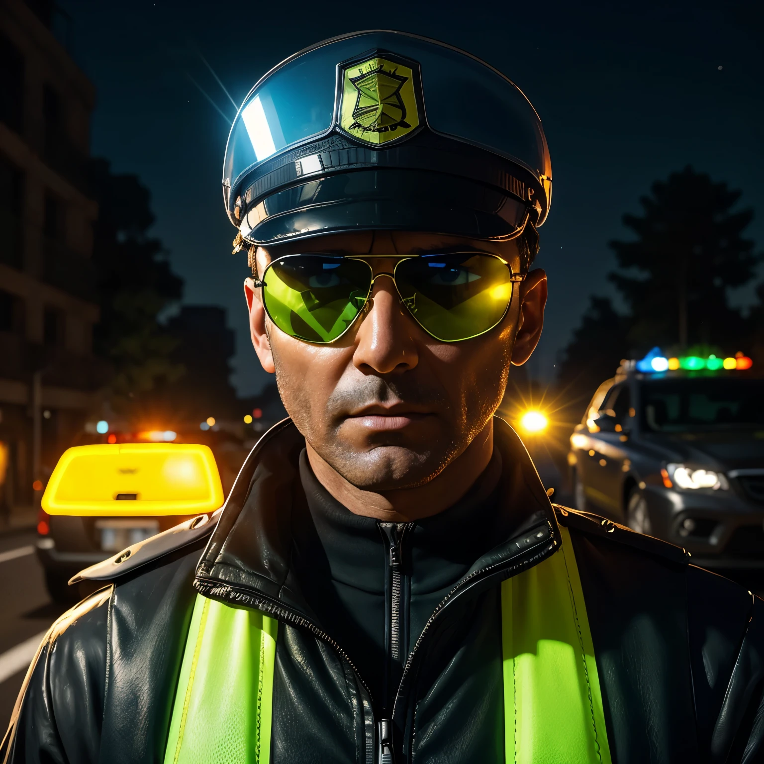 A traffic police with a neon yellow vest and aviator sunglasses and a cap looking at viewer outside the car, close up of his face, 8k, best quality, red and blue lights reflecting on his left side, he has a flashlight pointed at viewer, night, looking pissed, angry