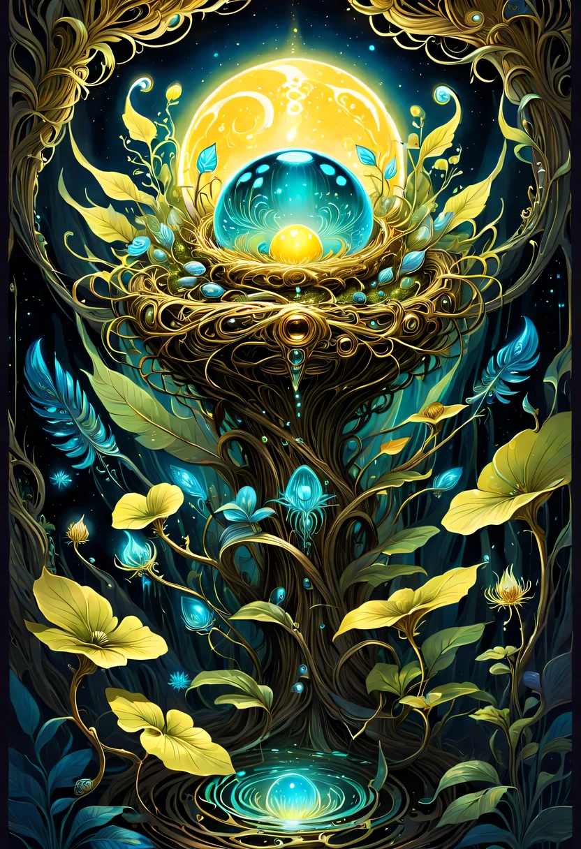 A magical golden nest from the abyss,Alien Thunderbird&#39;s Nest, Illumination of bioluminescent plants, The content is very detailed, Surrealism, 10k high resolution, Gouache style, scribble art, Glaslorne, Influenced by Art Nouveau, Given, and future, The Art of Lunar Encryption Wow,