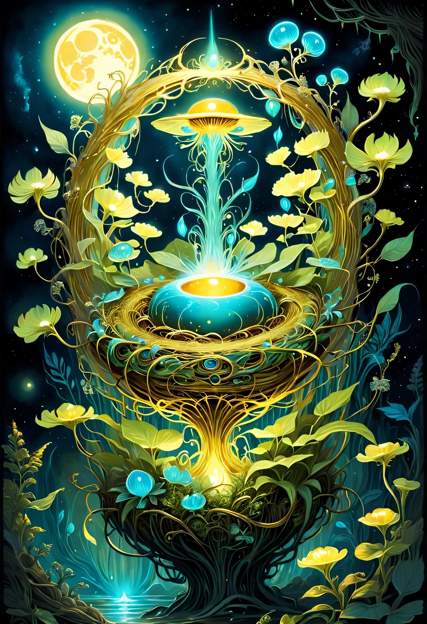 A magical golden nest from the abyss,Alien Thunderbird's Nest, Illumination of bioluminescent plants, The content is very detailed, Surrealism, 10k high resolution, Gouache style, scribble art, Glaslorne, Influenced by Art Nouveau, Given, and future, The Art of Lunar Encryption Wow,