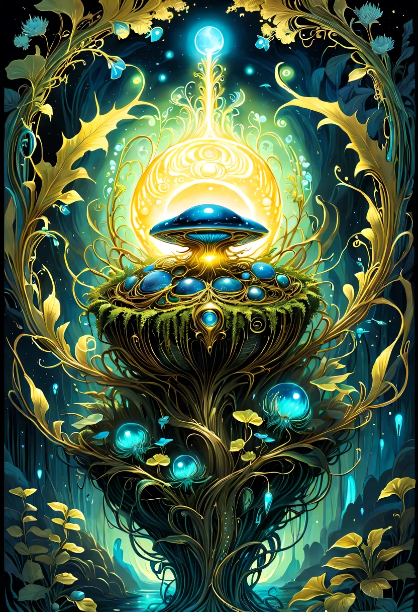 A magical golden nest from the abyss,Alien Thunderbird's Nest, Illumination of bioluminescent plants, The content is very detailed, Surrealism, 10k high resolution, Gouache style, scribble art, Glaslorne, Influenced by Art Nouveau, Given, and future, The Art of Lunar Encryption Wow,