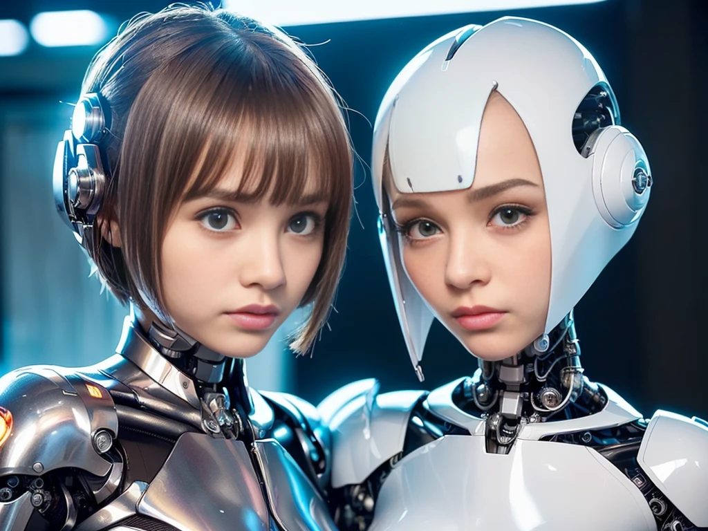 (The cyborg:1.1), (femboy:1.7), (Suki Waterhouse:1.2), (Kristine Froseth:1.4). (face portrait:1.5). Lexx , Mass Effect , Galaxina, Terminator, Metropolis. (masculine body:1.6). (She is entirely made from plastic and aluminum). (simple mechanical engineering:1.5). (neatly drawing all mechanical parts:1.6). (neatly drawing eyes:1.5), (Garson short haircut:1.5), (holo vision:1.4), (arms behind back:1.6). (She looks at me with the gaze of a predator hiding its prey. The face retains an icy calm, terrifying with its assumed indifference, only the eyes with dilated pupils betray a predator intention. These are not the eyes of a living being, these are the eyes of a soulless machine that processes information extremely rationally and mercilessly:1.6). articulated metal arms, unhuman articulate cybernetic face. there are metal inclusions on her face. unhuman gaze. (identical unhuman cyborg's optical sensors:1.4). (her body is made from polished aluminum and translucent acrylate:1.4). beautiful perfect face, perfect articulate hands with five perfect articulate fingers. very sexy. mechanistic design, cyberpunk, (causing sexism). (cyborg's fingers:1.3). (enhanced image quality:1.5), (sharp focused photography:1.5).