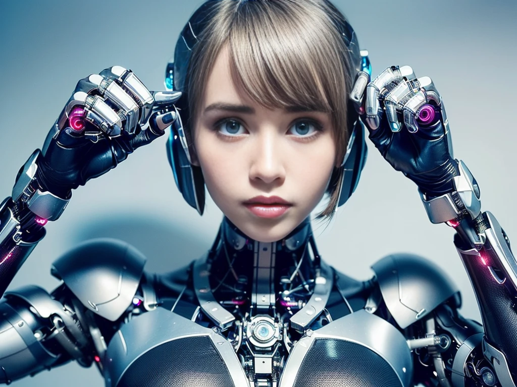(The cyborg:1.1), (femboy:1.7), (Suki Waterhouse:1.2), (Kristine Froseth:1.4). (face portrait:1.5). Lexx , Mass Effect , Galaxina, Terminator, Metropolis. (masculine body:1.6). (She is entirely made from plastic and aluminum). (simple mechanical engineering:1.5). (neatly drawing all mechanical parts:1.6). (neatly drawing eyes:1.5), (Garson short haircut:1.5), (holo vision:1.4), (arms behind back:1.6). (She looks at me with the gaze of a predator hiding its prey. The face retains an icy calm, terrifying with its assumed indifference, only the eyes with dilated pupils betray a predator intention. These are not the eyes of a living being, these are the eyes of a soulless machine that processes information extremely rationally and mercilessly:1.6). articulated metal arms, unhuman articulate cybernetic face. there are metal inclusions on her face. unhuman gaze. (identical unhuman cyborg's optical sensors:1.4). (her body is made from polished aluminum and translucent acrylate:1.4). beautiful perfect face, perfect articulate hands with five perfect articulate fingers. very sexy. mechanistic design, cyberpunk, (causing sexism). (cyborg's fingers:1.3). (enhanced image quality:1.5), (sharp focused photography:1.5).