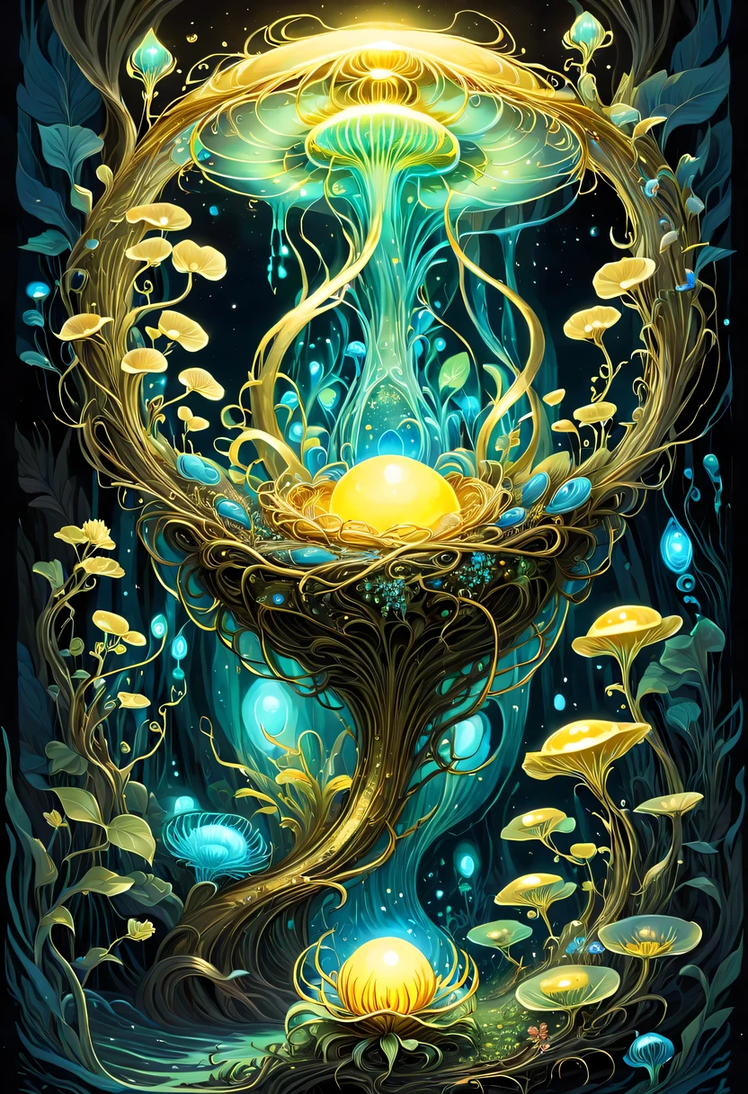 A magical golden nest from the abyss,Nest of alien life, Illumination of bioluminescent plants, The content is very detailed, Surrealism, 10k high resolution, Gouache style, scribble art, Glaslorne, Influenced by Art Nouveau, Given, and future, The Art of Lunar Encryption Wow,