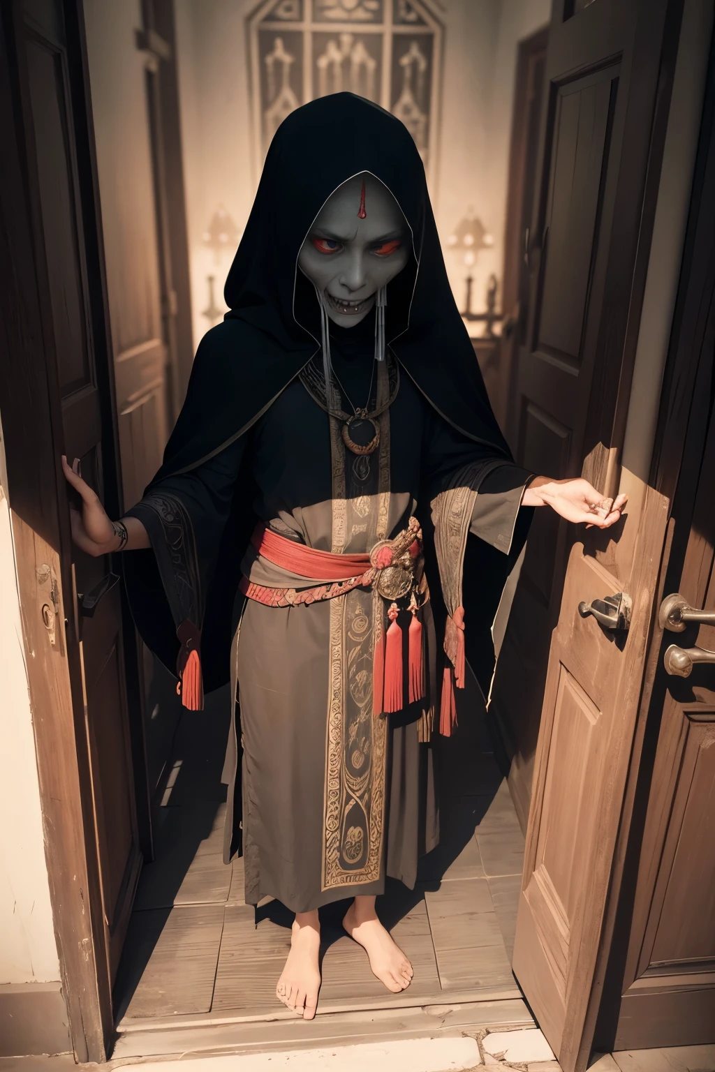Amidst the hushed whispers of Indonesian folklore, realistic photos unveil the enigmatic presence of ancient ghosts. With elongated red teeth dripping in blood, they stand menacingly in front of antiquated doors. Their remorseless gaze is fixed upon theviewer, adorned with terrifying skulls and carrying sickles - relics of their long-lost past. Theostałe ghastly figures are portrayed with an uncanny level of detail, inviting an unsettling encounter with the supernatural.