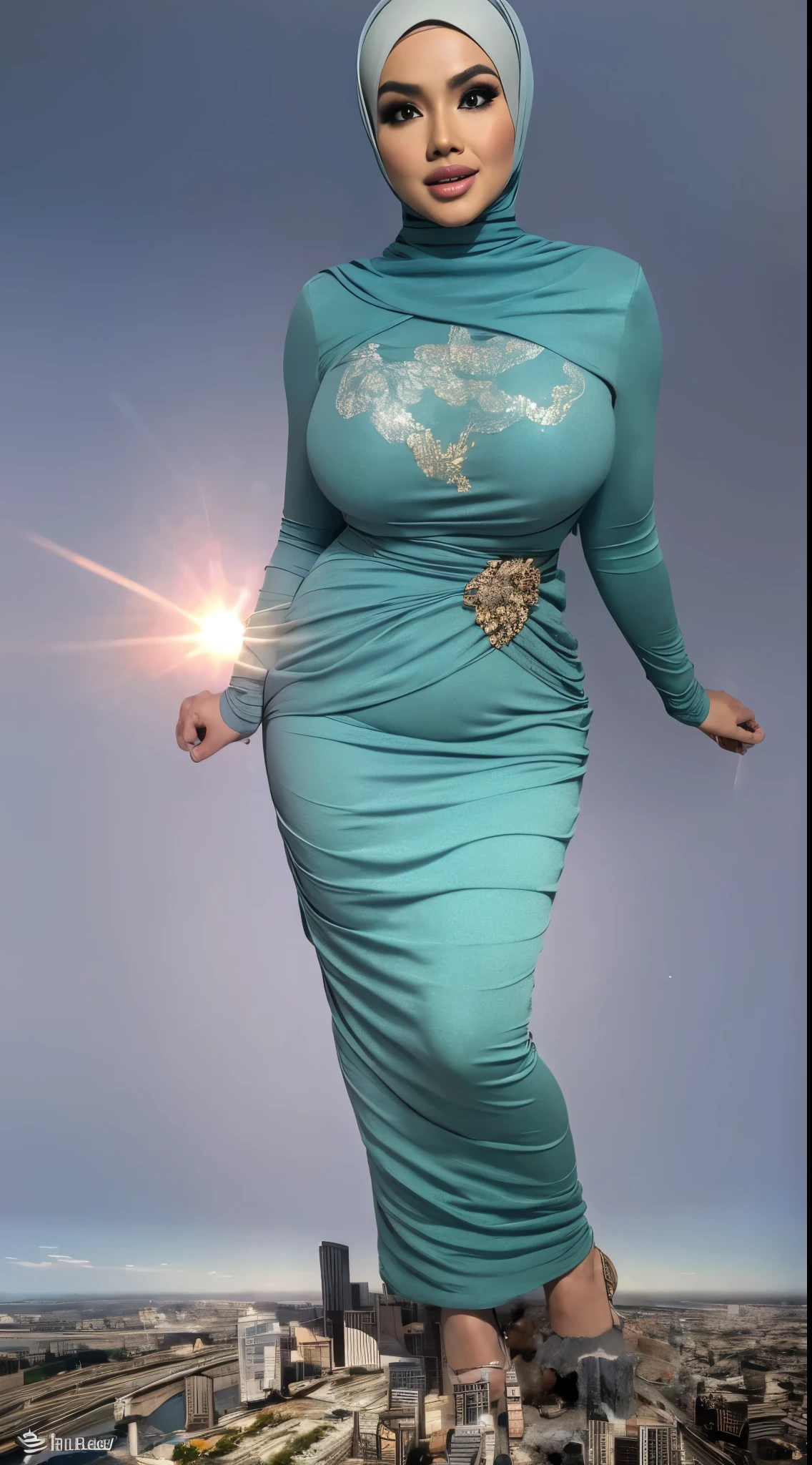 RAW, Best quality, high resolution, masterpiece: 1.3), beautiful Malay woman in hijab,Masterpiece, perfect slim fit body, (Huge breast), Massive Gigantic Round Tits : 196.9, big gorgeous eyes, Soft smile, Delicate turtleneck print peplum dress, necklace, shairband, Excellent lighting, Bright colors, Clean lines, mega giantess, Asian, standing, high heels,, skyscrapers, city destruction, collapsing buildings, fire, smoke, explosions, dust explosions, gray tint, clear sky, view from below, looking down at the viewer