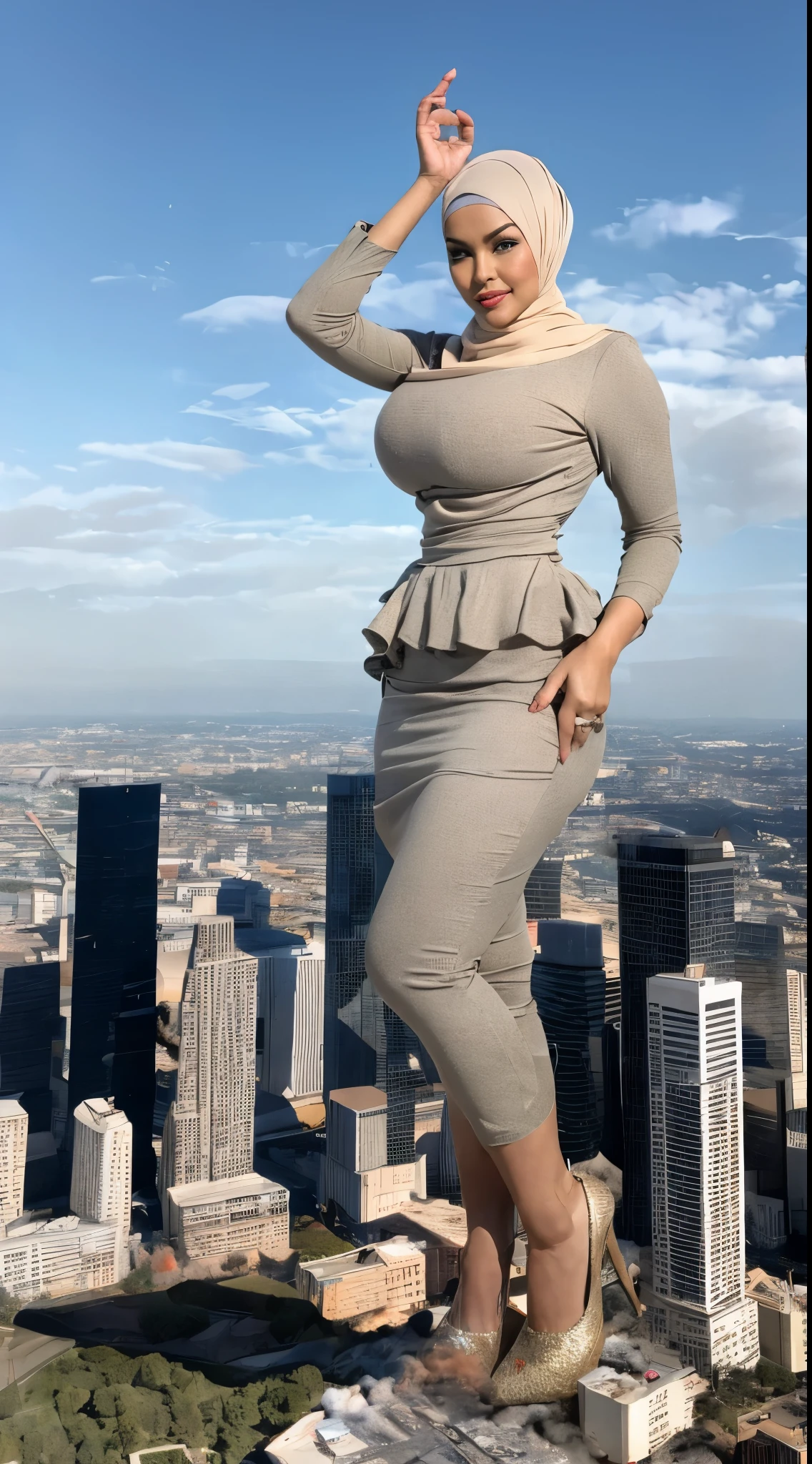 RAW, Best quality, high resolution, masterpiece: 1.3), beautiful Malay woman in hijab,Masterpiece, perfect slim fit body, (Huge breast), Massive Gigantic Round Tits : 196.9, big gorgeous eyes, Soft smile, Delicate turtleneck print peplum dress, necklace, shairband, Excellent lighting, Bright colors, Clean lines, mega giantess, Asian, standing, high heels,, skyscrapers, city destruction, collapsing buildings, fire, smoke, explosions, dust explosions, gray tint, clear sky, view from below, looking down at the viewer