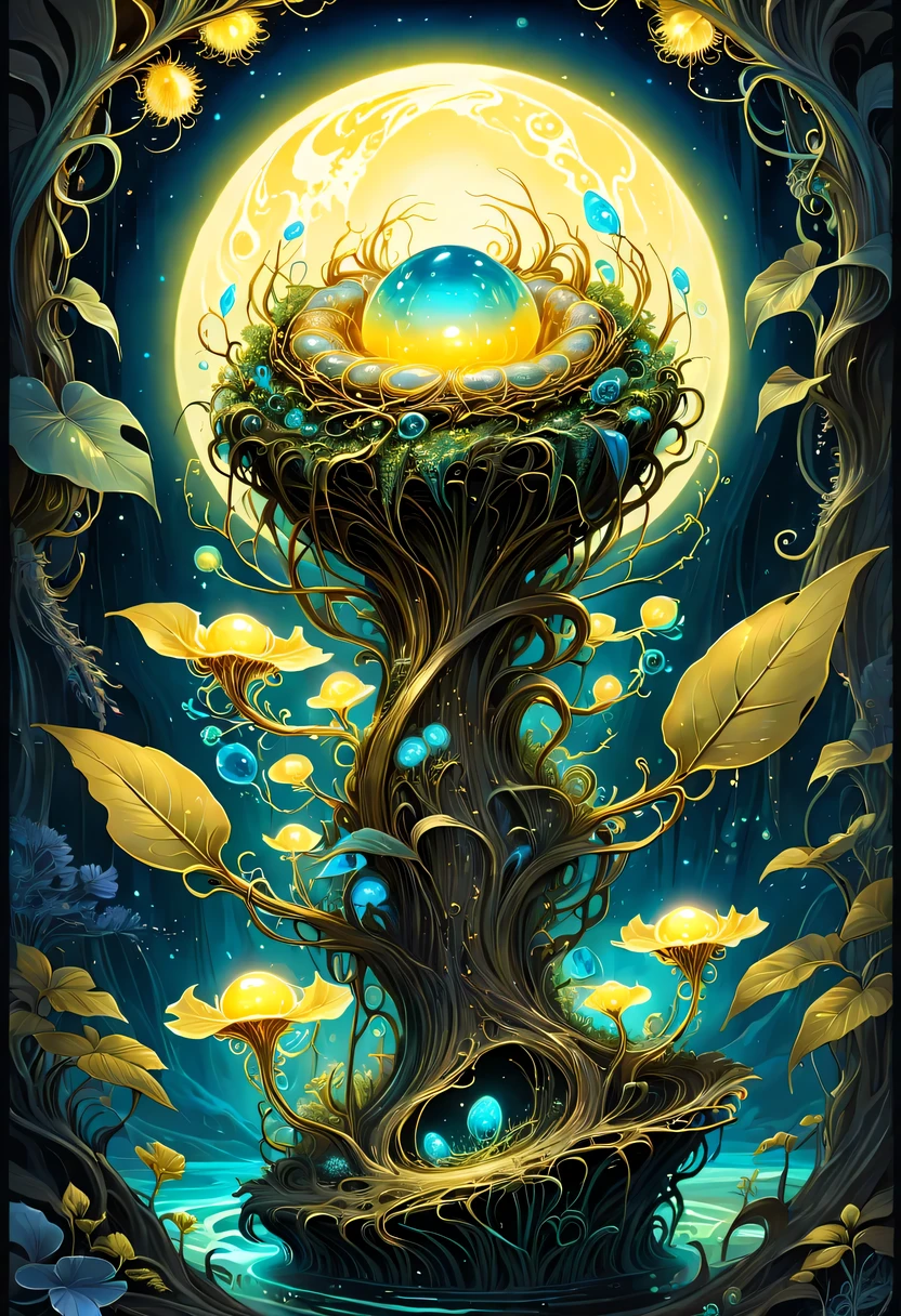 A magical golden nest from the abyss,Nest of alien life, Illumination of bioluminescent plants, The content is very detailed, Surrealism, 10k high resolution, Gouache style, scribble art, Glaslorne, Influenced by Art Nouveau, Given, and future, The Art of Lunar Encryption Wow,