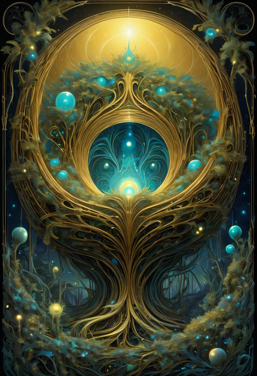 A magical golden nest from the abyss,Nest of alien life, Illumination of bioluminescent plants, The content is very detailed, Surrealism, 10k high resolution, Gouache style, scribble art, Glaslorne, Influenced by Art Nouveau, Given, and future, The Art of Lunar Encryption Wow,