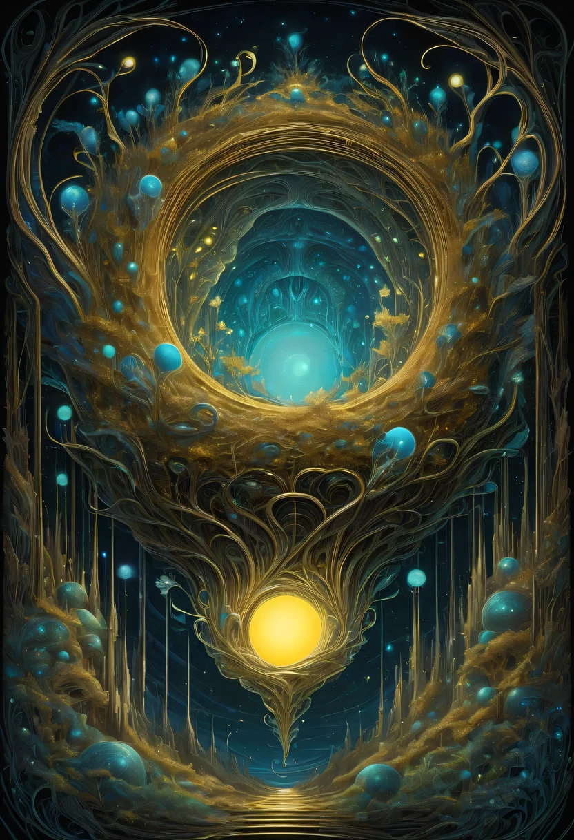 A magical golden nest from the abyss,Nest of alien life, Illumination of bioluminescent plants, The content is very detailed, Surrealism, 10k high resolution, Gouache style, scribble art, Glaslorne, Influenced by Art Nouveau, Given, and future, The Art of Lunar Encryption Wow,