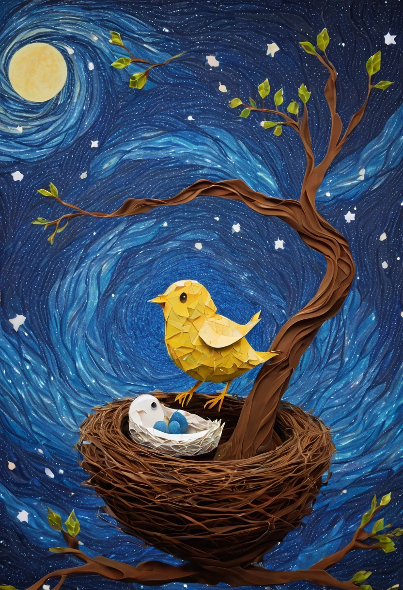 a newborn bird, the bird is abnormally fat and the nest is located in a bonsai, the nest breaks due to the weight of the chick and the chick falls, in a pot, surreal, funny, comic, starry sky, zentangle, origami, cinematic, emotional, epic, vincent van gogh,....by my self...lol