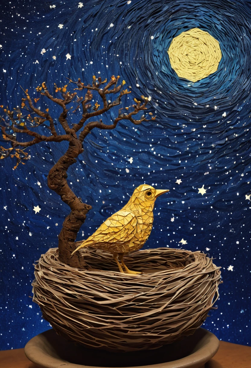 a newborn bird, the bird is abnormally fat and the nest is located in a bonsai, the nest breaks due to the weight of the chick and the chick falls, in a pot, surreal, funny, comic, starry sky, zentangle, origami, cinematic, emotional, epic, vincent van gogh,....by my self...lol