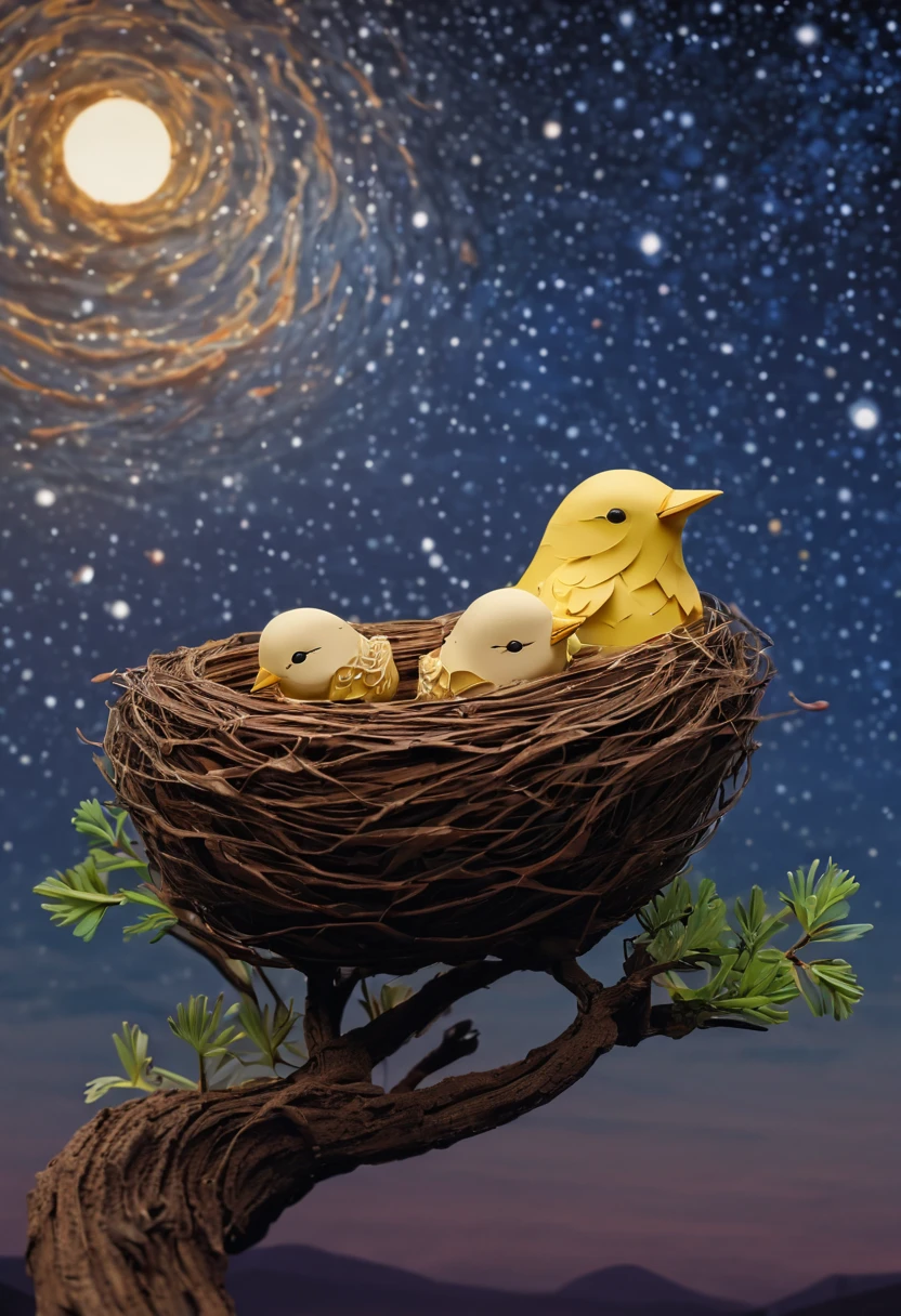 a newborn bird, the bird is abnormally fat and the nest is located in a bonsai, the nest breaks due to the weight of the chick and the chick falls, in a pot, surreal, funny, comic, starry sky, zentangle, origami, cinematic, emotional, epic, vincent van gogh,....by my self...lol