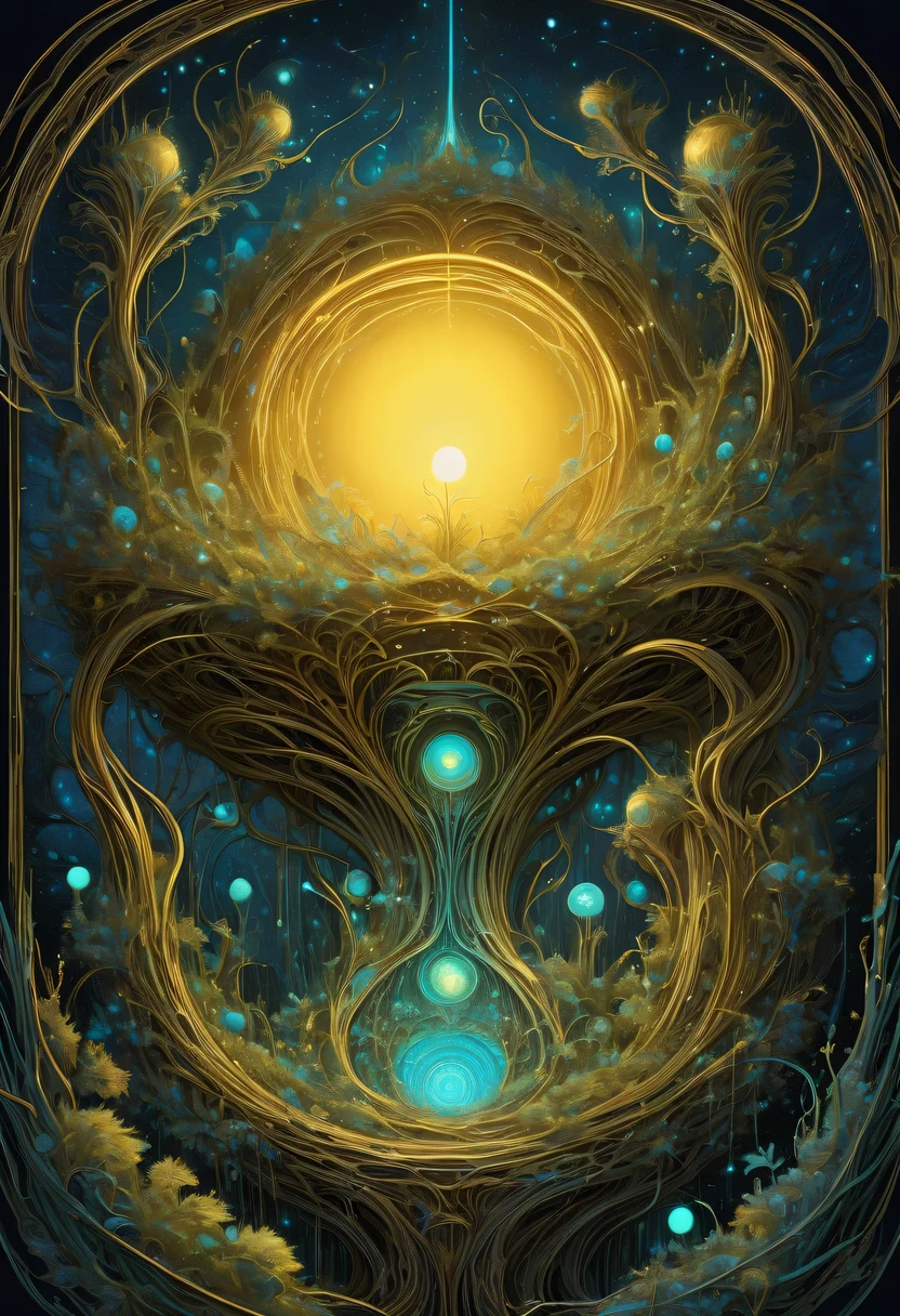 A magical golden nest from the abyss,Nest of alien life, Illumination of bioluminescent plants, The content is very detailed, Surrealism, 10k high resolution, Gouache style, scribble art, Glaslorne, Influenced by Art Nouveau, Given, and future, The Art of Lunar Encryption Wow,