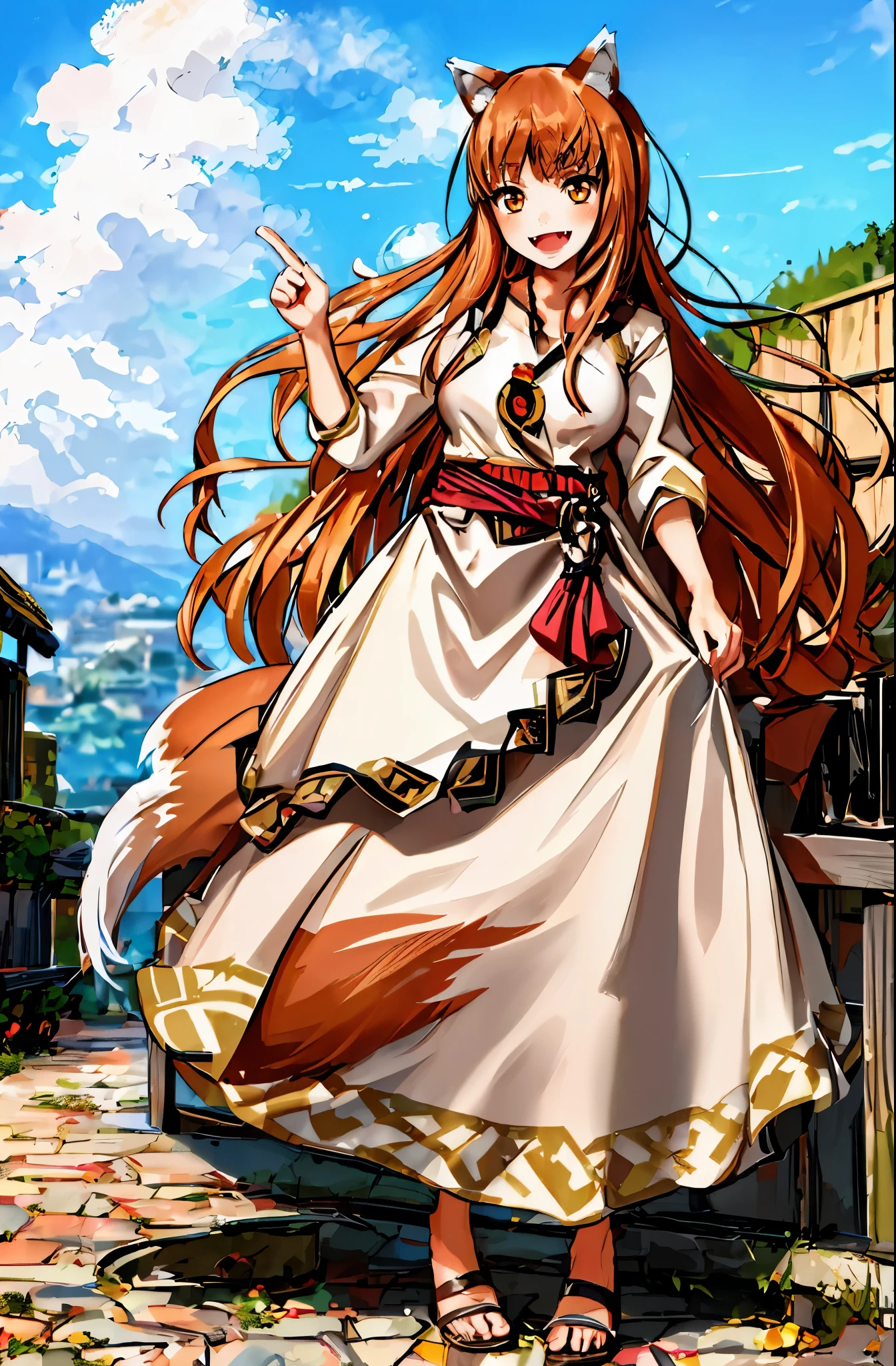 (holo:1.5), (holoBrownDress:1.5), masterpiece, best quality, absurdres, 1girl, looking at viewer, standing, cowboy shot, outdoors, medieval, cobblestone street, town, pouch, sash, smile, fruit, apple, basket,big breast, curvy, silver hair, white hair, full body, flipflops,open mouth smile, fangs,