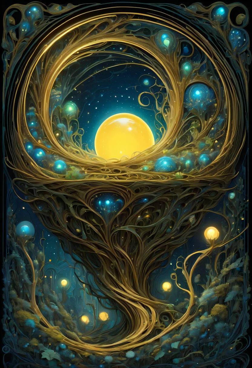 A magical golden nest from the abyss,Nest of alien life, Illumination of bioluminescent plants, The content is very detailed, Surrealism, 10k high resolution, Gouache style, scribble art, Glaslorne, Influenced by Art Nouveau, Given, and future, The Art of Lunar Encryption Wow,