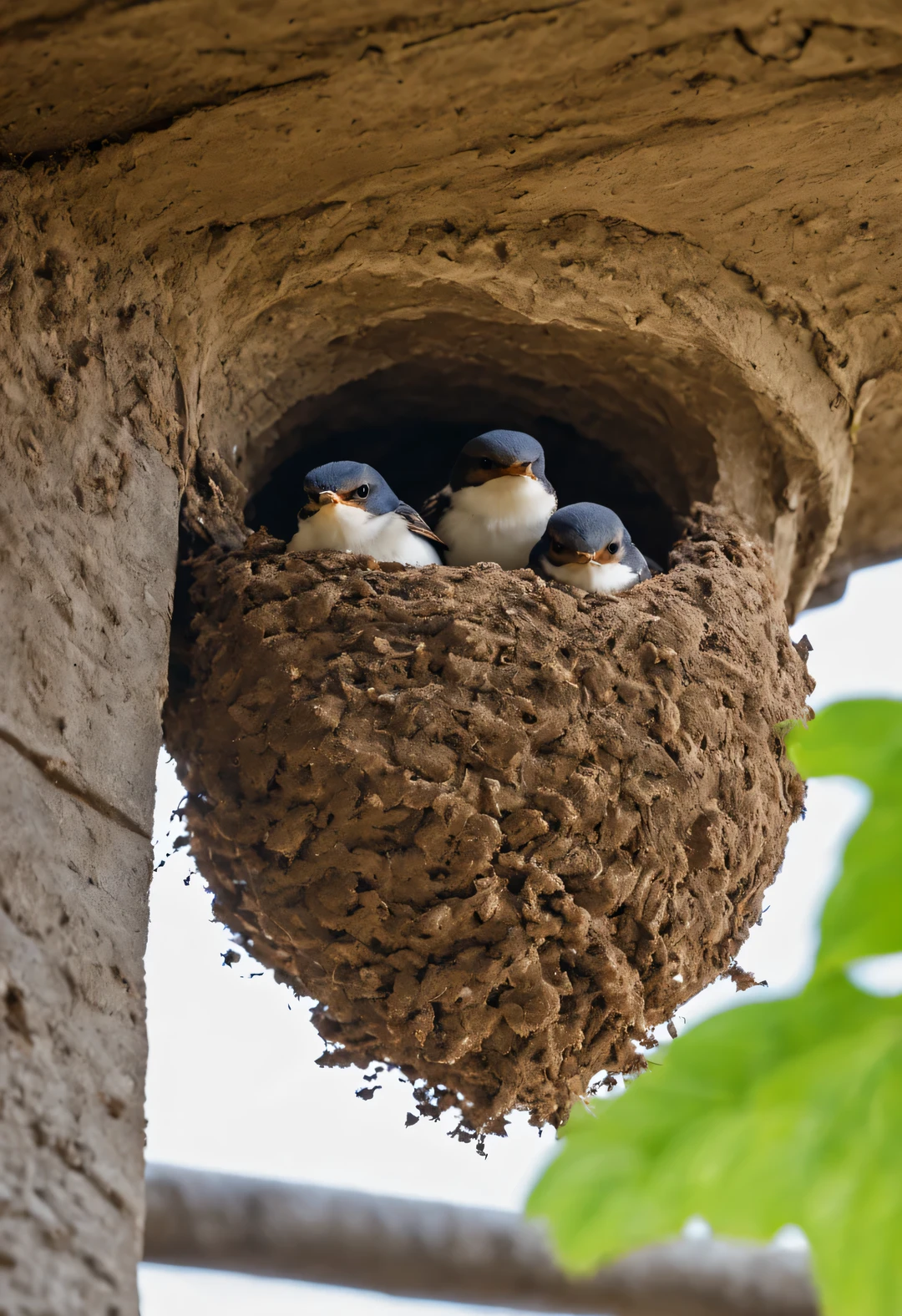 Gouache style, Beautiful detailed ，（Mother swallow is feeding the little swallow in the nest），（Two little swallows open their mouths，Use their young mouths to fight for the little bugs brought by their mothers。.），Feathers shine with blue-black sheen，Each piece is like a carefully polished gem，Exudes a charming light，
The nest is sometimes built in a tree cavity，The nest is mainly made of a mixture of mud and saliva，cup or disk，The nest has a rough appearance，Color is gray or brown，It&#39;s smoother inside，The color is slightly lighter，
background：（snow covered nest）