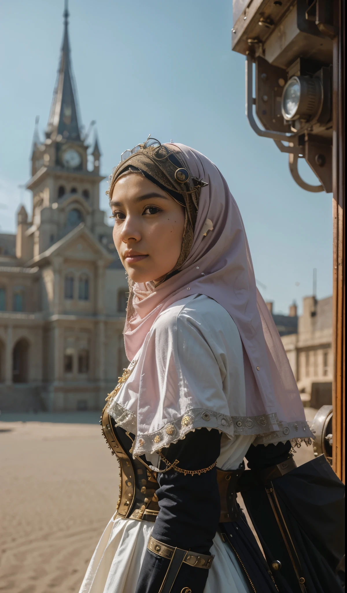 Craft a photorealistic scene of a Malay girl in hijab as an intrepid explorer in a steampunk world. Showcase intricate gears, Victorian-inspired fashion, and a sense of adventure in this alternate reality, 8mm lens, Extreme close-up, pastel color grading, depth of field cinematography effect, film noir genre, 8k resolution, high quality, ultra detail,