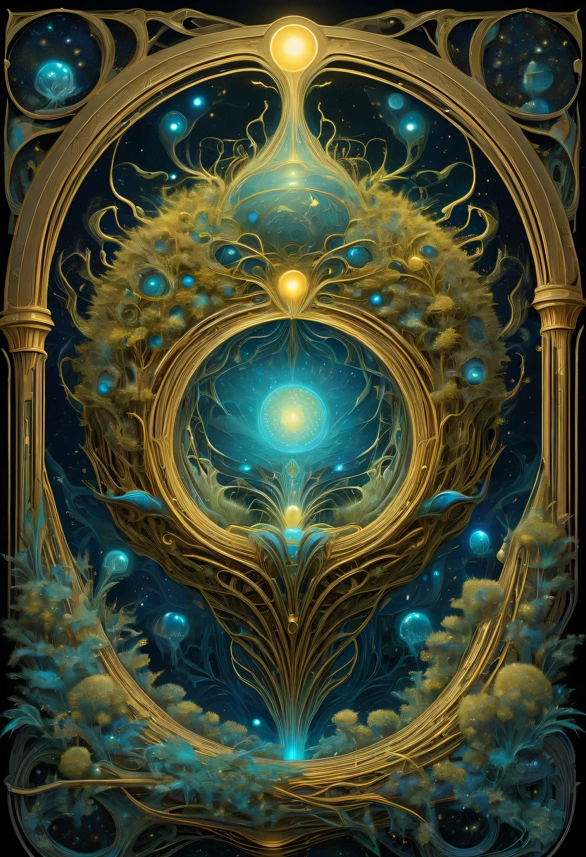 A magical golden nest from the abyss,Nest of alien life, Illumination of bioluminescent plants, The content is very detailed, Surrealism, 10k high resolution, Gouache style, scribble art, Glaslorne, Influenced by Art Nouveau, Given, and future, The Art of Lunar Encryption Wow,