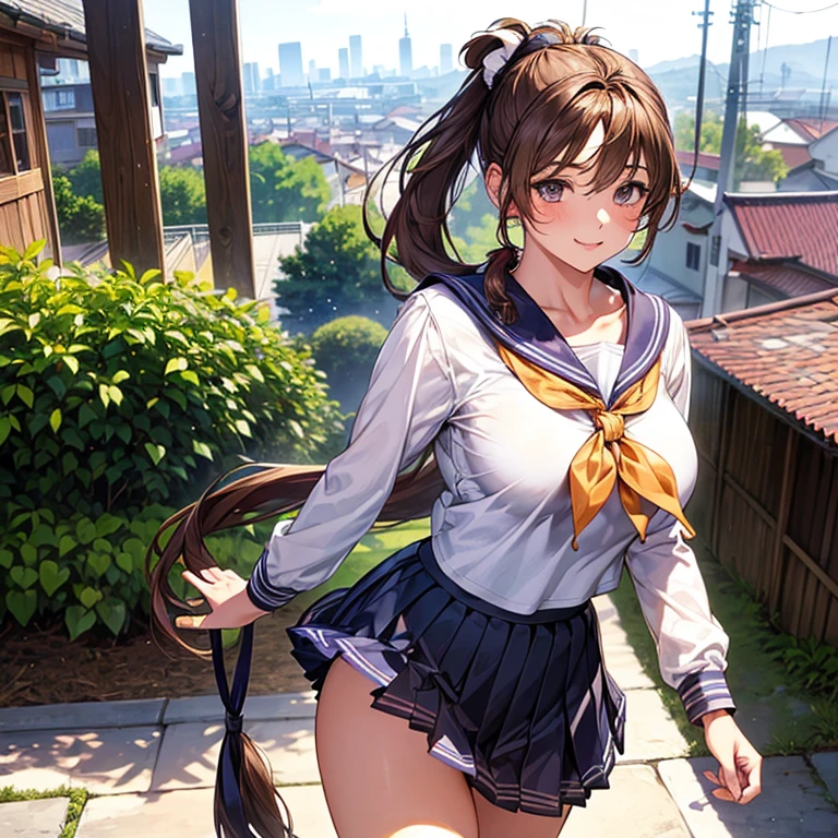 top-quality、Full limbs、complete fingers、One beautiful woman、Beautiful Large Breasts、Long ponytail、Brown hair、((Purple Sailor Leotard))、((Brown pantyhose))、A big smile、a park、sexypose、crouching down