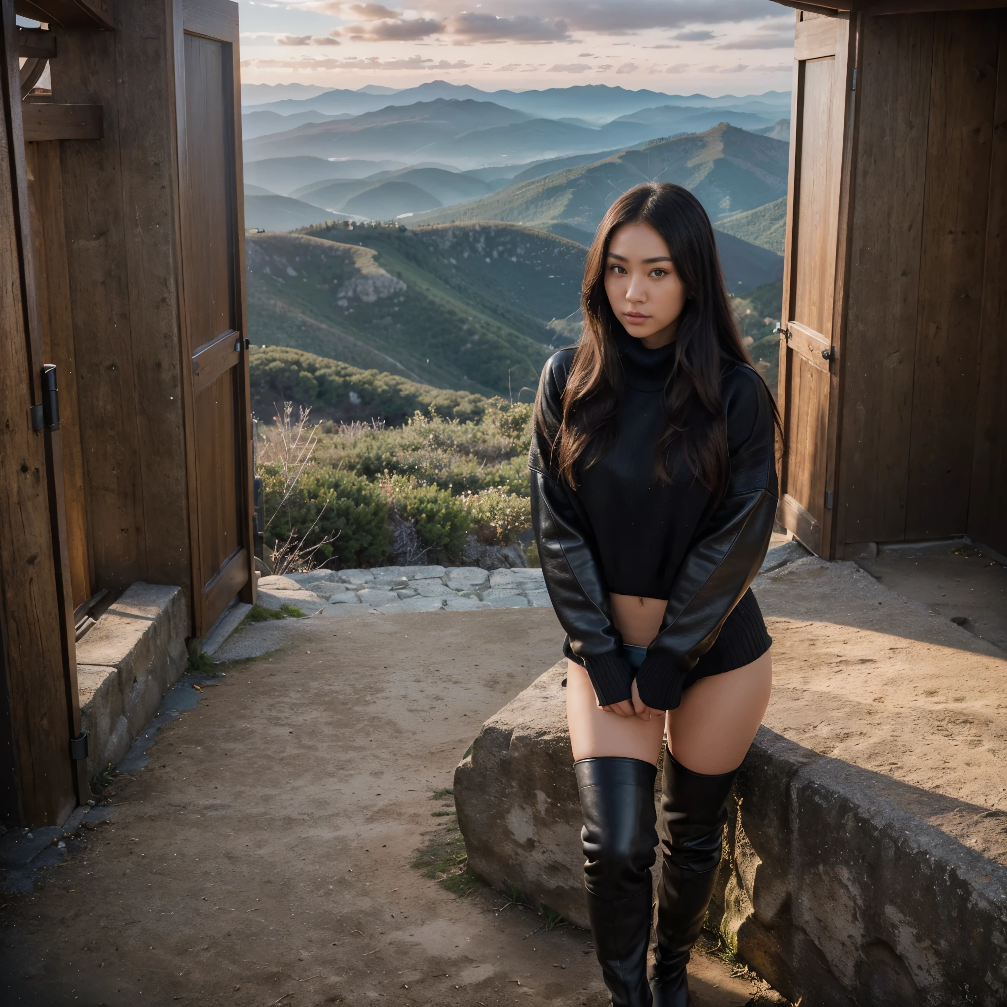 (highly detailed stunningly gorgeous 25 year old Japanese woman in a ((Oversized Sweater with Thigh-High black leather Boots))), pale skin, brown eyes, looking at the camera , (At the peak of a mountain with panoramic views of the surrounding landscape during sunset), long curly hair, (perfect eyes:1.2), (perfect face:1.2), perfect hands, (perfect fingers:1.2), (perfect legs:0.5), (toned physique:1.2), high quality RAW photograph, hyper detailed, hyper realistic, amazing and beautiful, Hasselblad 35mm lens, ISO 400, face in frame, character centered in frame