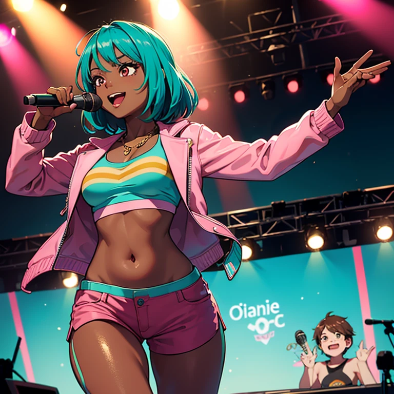 ((masterpiece)), high quality, best quality, beautiful, hd, perfect lighting, detailed face, detailed body, 1 girl, solo, full body view, wide angle, ((dark brown skin:1.3)), ((turquoise hair:1.3)), (pink eyes, small breasts), singing, on stage, microphone in hand, music festival, rapping, concert, wearing a pink jacket and some tight hot pants, gold chain, sunglasses, cheerful,