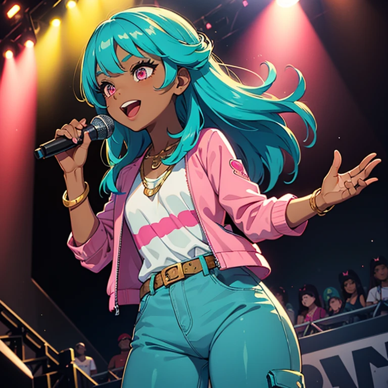 ((masterpiece)), high quality, best quality, beautiful, hd, perfect lighting, detailed face, detailed body, 1 girl, solo, full body view, wide angle, ((dark brown skin:1.3)), ((turquoise hair:1.3)), (pink eyes, small breasts), singing, on stage, microphone in hand, music festival, rapping, concert, wearing a pink jacket and some tight hot pants, gold chain, sunglasses, cheerful,