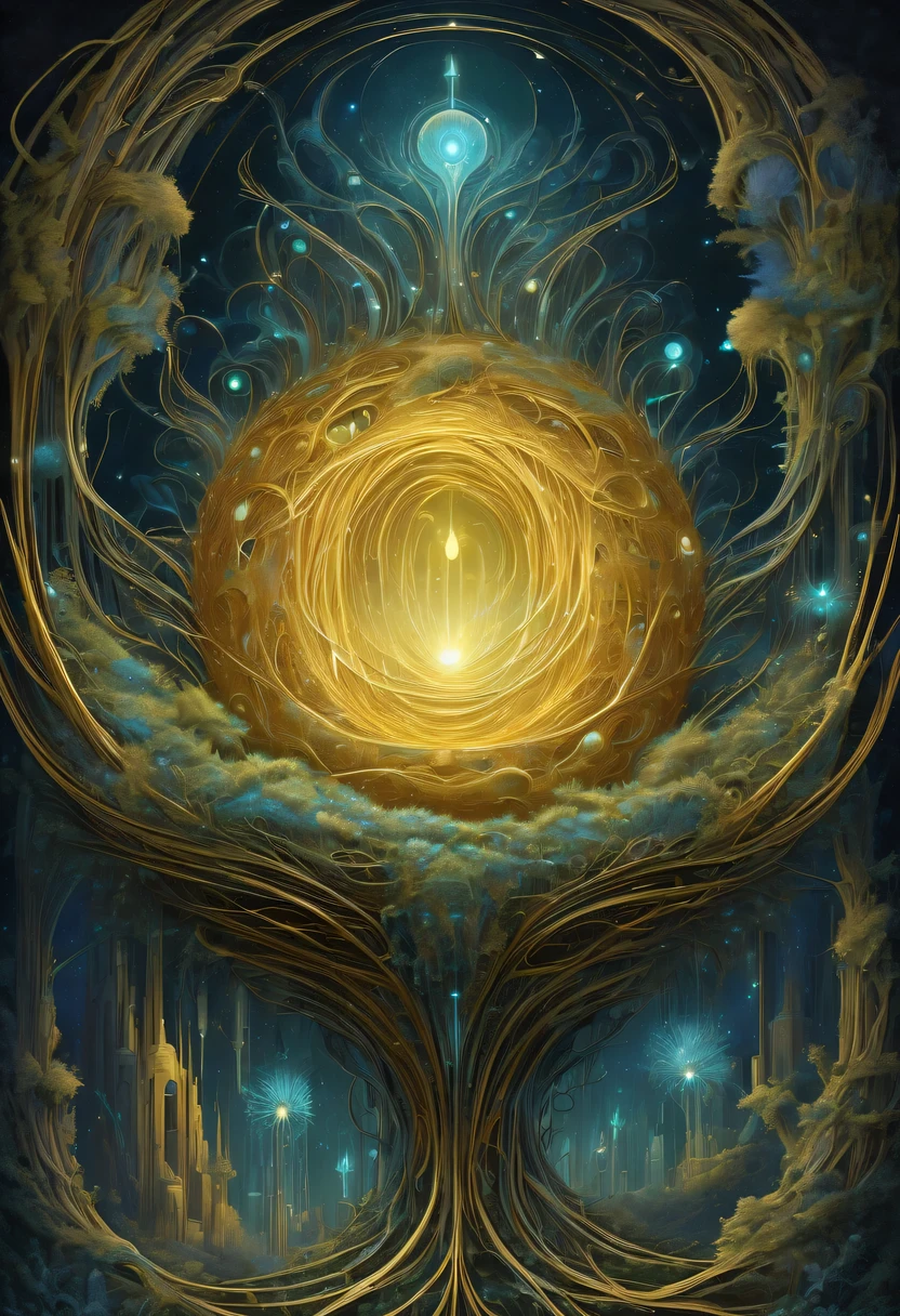 A magical golden nest from the abyss,Alien Thunderbird&#39;s Nest, Illumination of bioluminescent plants, The content is very detailed, Surrealism, 10k high resolution, Gouache style, scribble art, Glaslorne, Influenced by Art Nouveau, Given, and future, The Art of Lunar Encryption Wow,