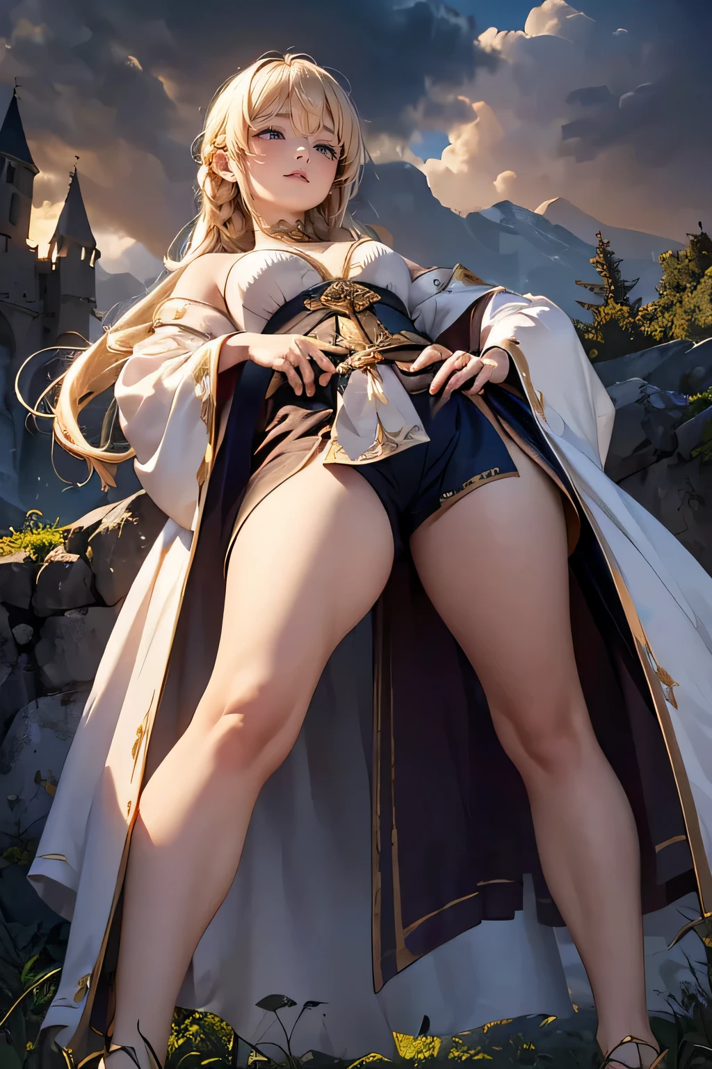 (drooping eyes, sleepy face, angle from below, realistic skin), long thick braid, open legs, casual-dress, outside mountain, (medieval kingdom, long white robe with gold trim), ((dark hour of dawn)), (straddling to hit her crotch on the the stone monument for masturbation), panties, tiny earrings, wizard's cane, crouching