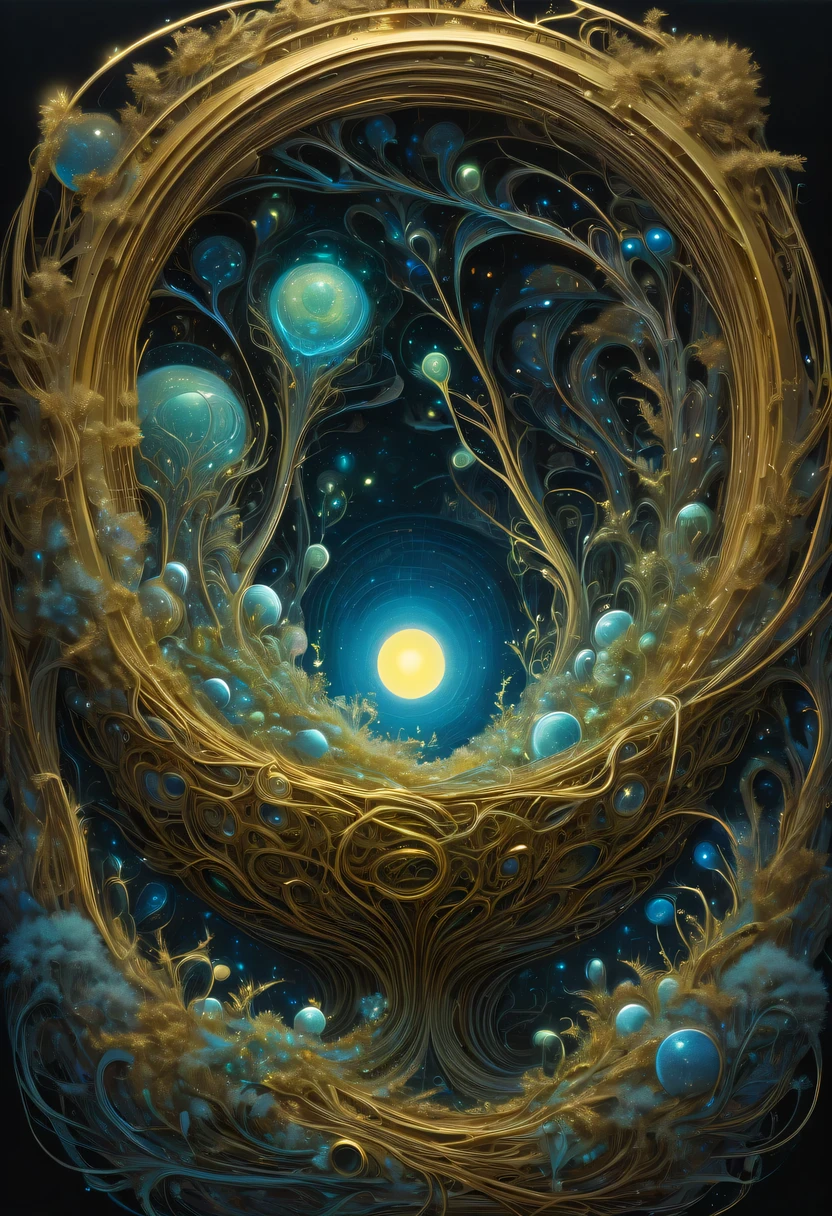 A magical golden nest from the abyss,Nest of alien life, Illumination of bioluminescent plants, The content is very detailed, Surrealism, 10k high resolution, Gouache style, scribble art, Glaslorne, Influenced by Art Nouveau, Given, and future, The Art of Lunar Encryption Wow,