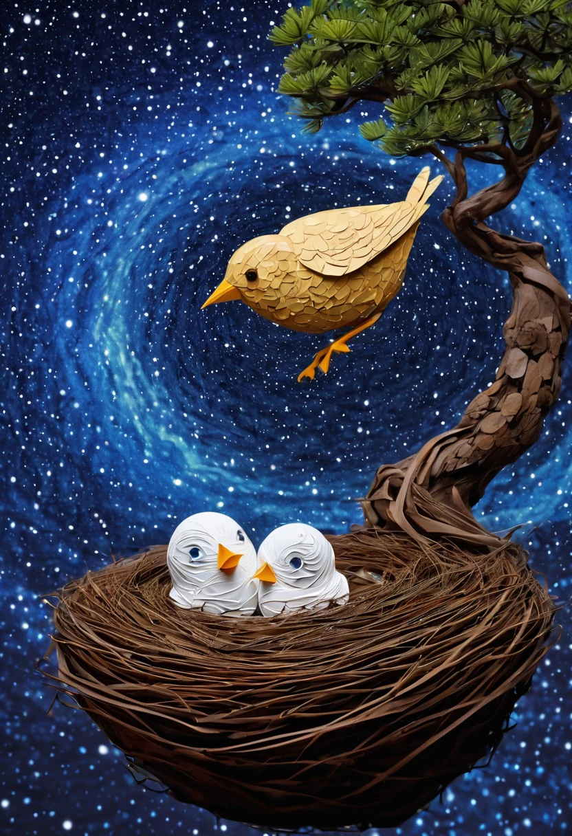 a newborn bird, the bird is abnormally fat and the nest is located in a bonsai, the nest breaks due to the weight of the chick and the chick falls, in a pot, surreal, funny, comic, starry sky, zentangle, origami, cinematic, emotional, epic, vincent van gogh,....by my self...lol