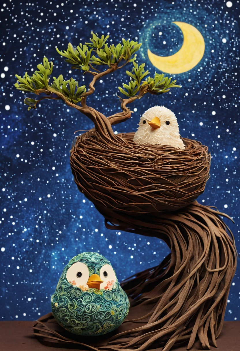 a newborn bird, the bird is abnormally fat and the nest is located in a bonsai, the nest breaks due to the weight of the chick and the chick falls, in a pot, surreal, funny, comic, starry sky, zentangle, origami, cinematic, emotional, epic, vincent van gogh,....by my self...lol