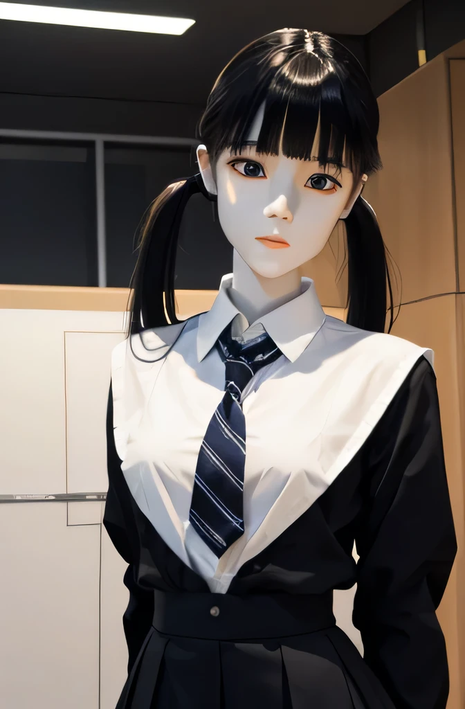 全身mannequinディープキス,そのmannequinは美しいです,あのmannequinは生田絵梨花さんです,mannequinの身長は165cmです,mannequinの色'my face is white.,mannequinの色'The body is pure white.,mannequin has black hair( twin tails,short hair,bangs),mannequin'eyes are black.mannequin is wearing a school uniform.
