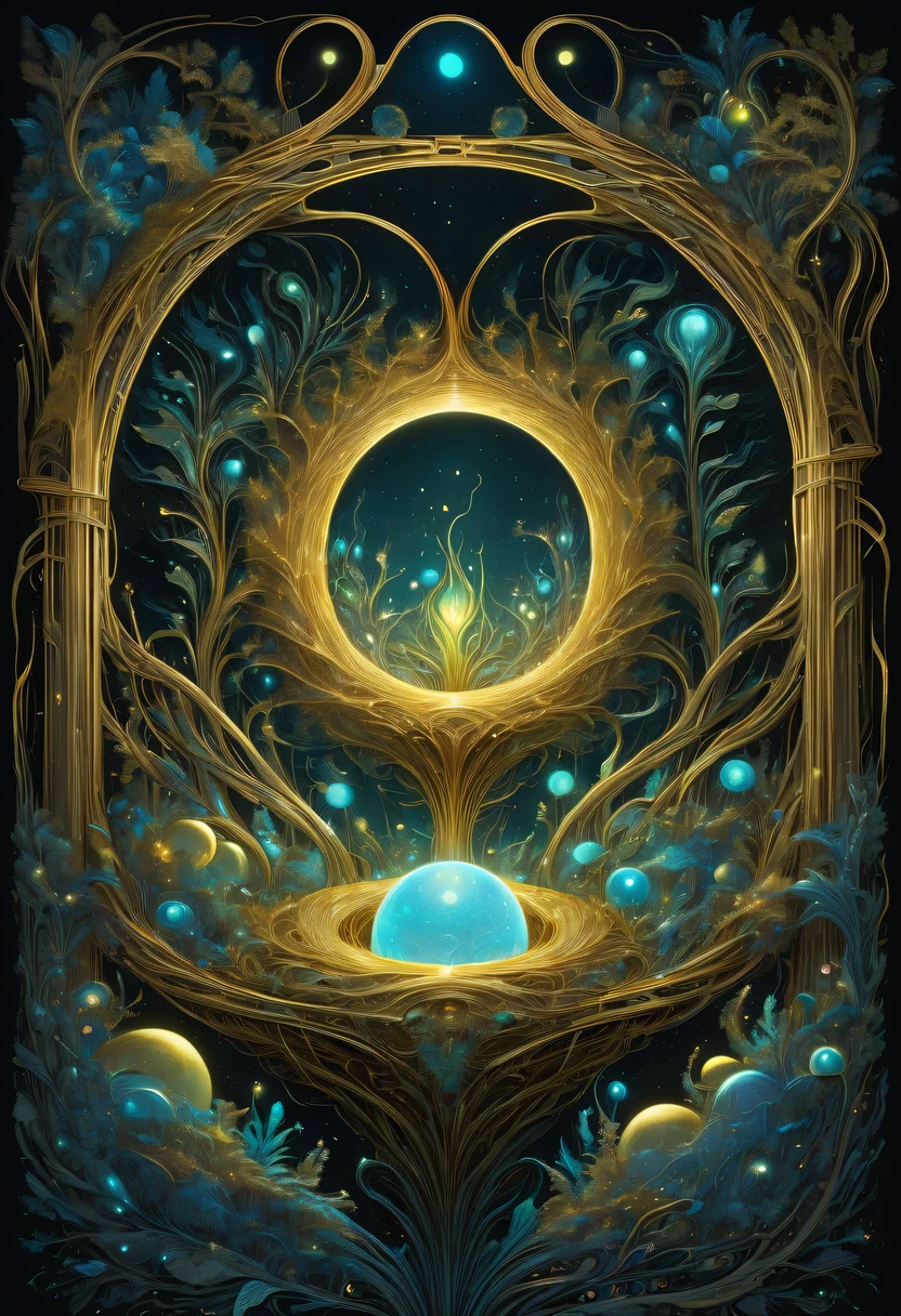 A magical golden nest from the abyss,Nest of alien life, Illumination of bioluminescent plants, The content is very detailed, Surrealism, 10k high resolution, Gouache style, scribble art, Glaslorne, Influenced by Art Nouveau, Given, and future, The Art of Lunar Encryption Wow,