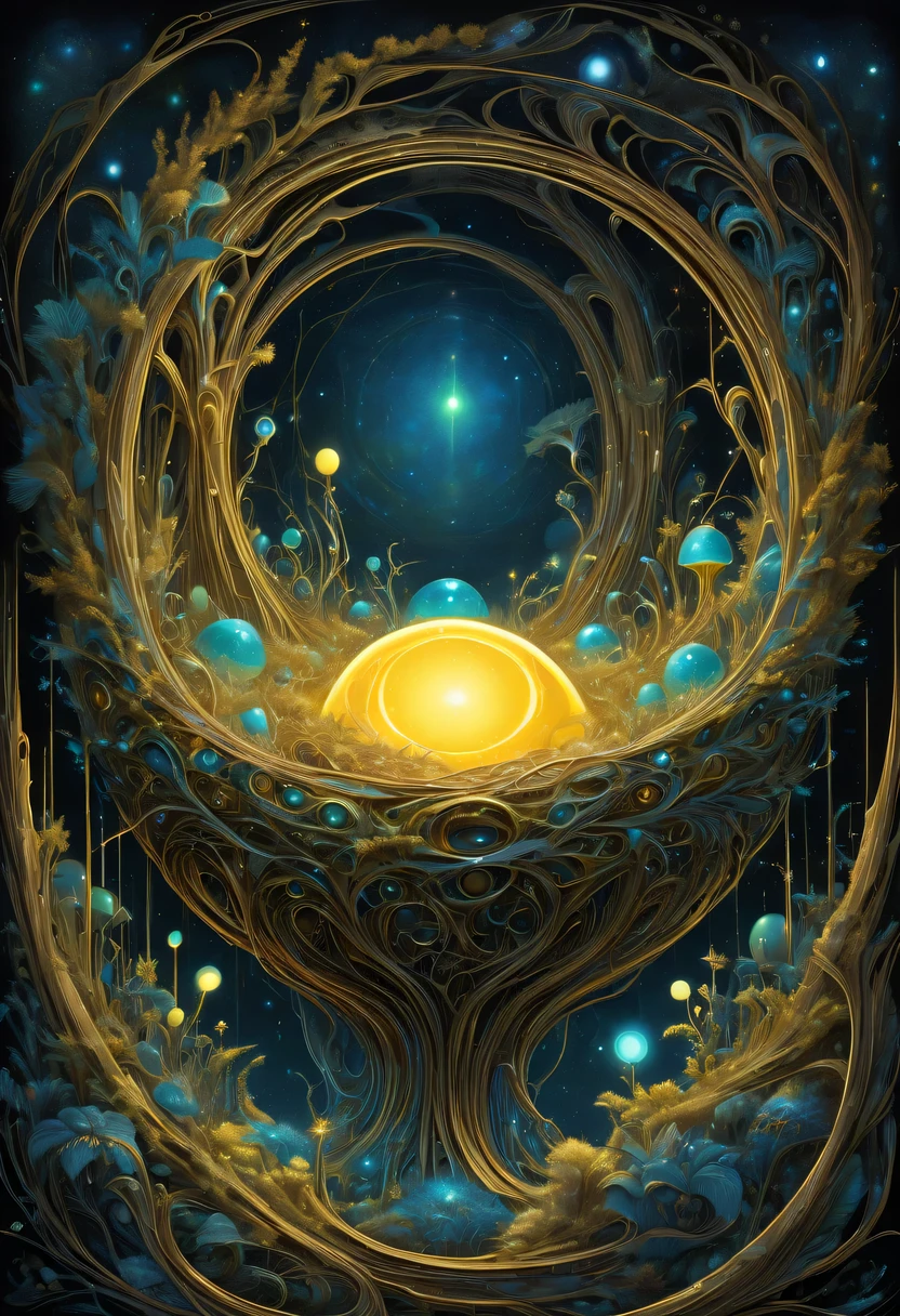 A magical golden nest from the abyss,Nest of alien life, Illumination of bioluminescent plants, The content is very detailed, Surrealism, 10k high resolution, Gouache style, scribble art, Glaslorne, Influenced by Art Nouveau, Given, and future, The Art of Lunar Encryption Wow,