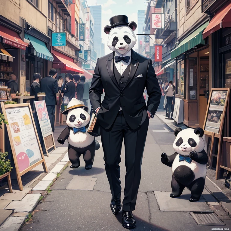 (best quality, hyper detailed, high quality, masterpiece),"Picture a delightful scene where a dapper panda, dressed in a stylish suit, strolls through a bustling city. The panda's suit is perfectly tailored, with a matching bowtie and a hat perched elegantly on its head. Despite being in a heavily human-populated environment, the panda exudes a sense of calm and sophistication. Passersby can't help but be captivated by this charming creature as it gracefully navigates the streets, its charming smile bringing joy to those it encounters."