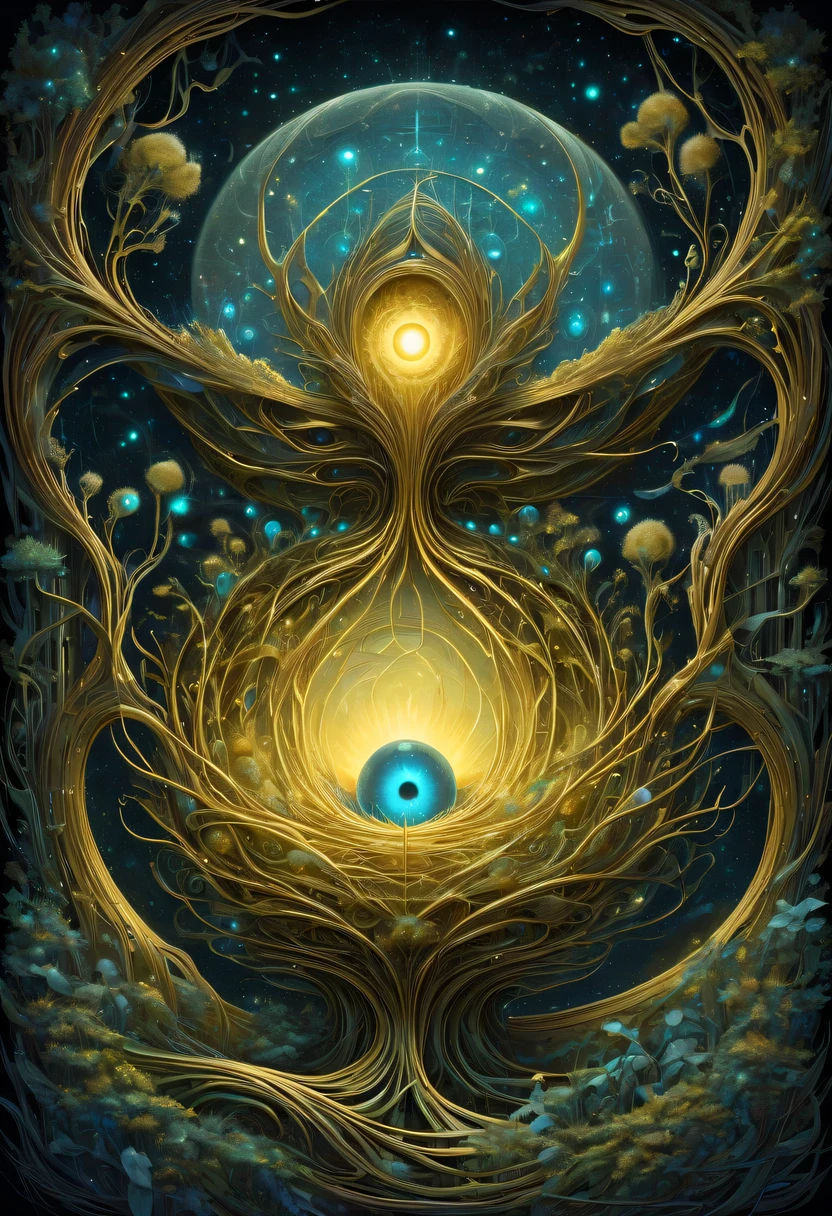 A magical golden nest from the abyss,Alien Thunderbird's Nest, Illumination of bioluminescent plants, The content is very detailed, Surrealism, 10k high resolution, Gouache style, scribble art, Glaslorne, Influenced by Art Nouveau, Given, and future, The Art of Lunar Encryption Wow,