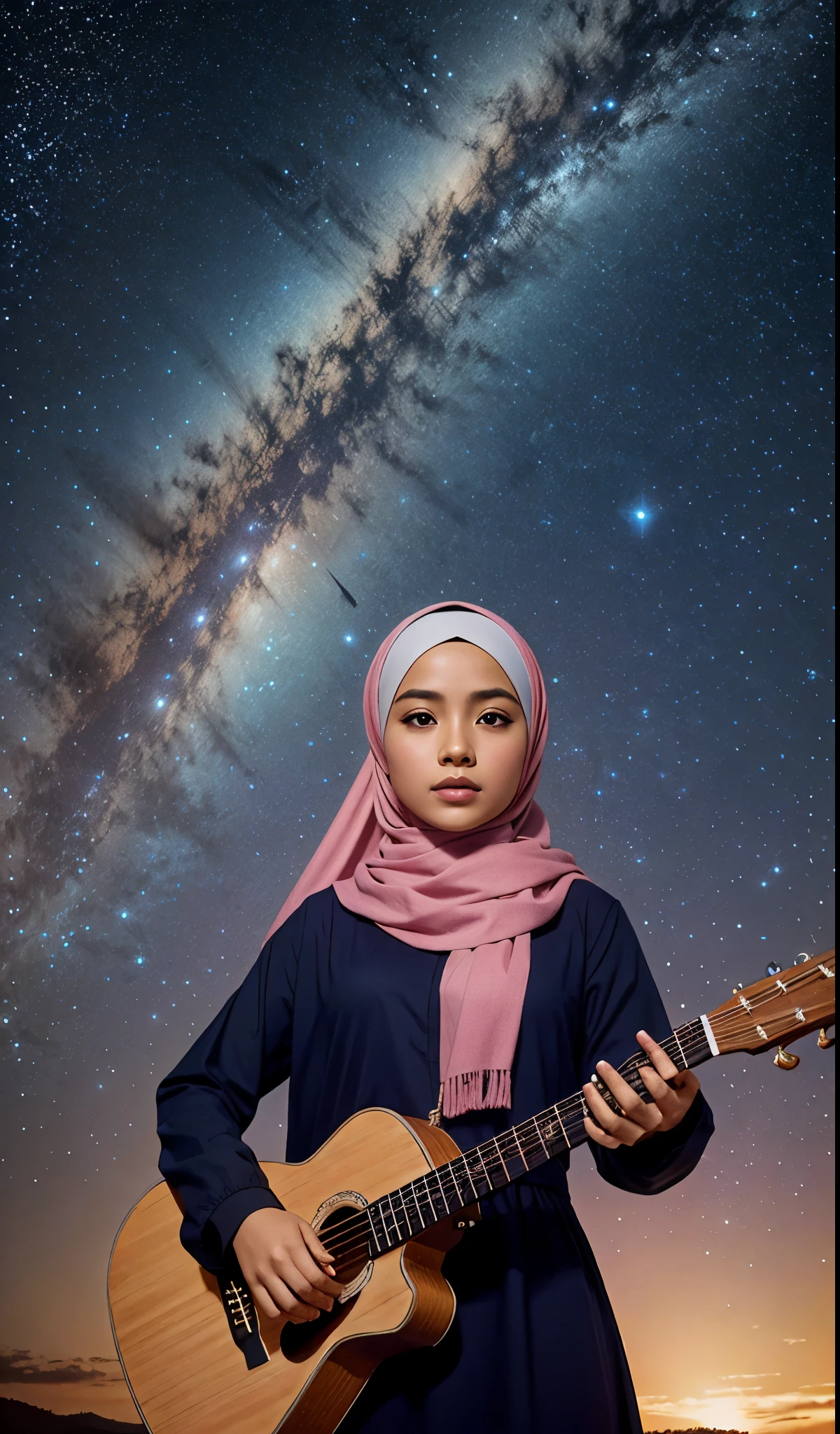 Generate an artistic scene depicting a Malay girl in hijab playing a traditional instrument under a celestial sky filled with musical notes and constellations. Convey the harmony of music and the cosmos.