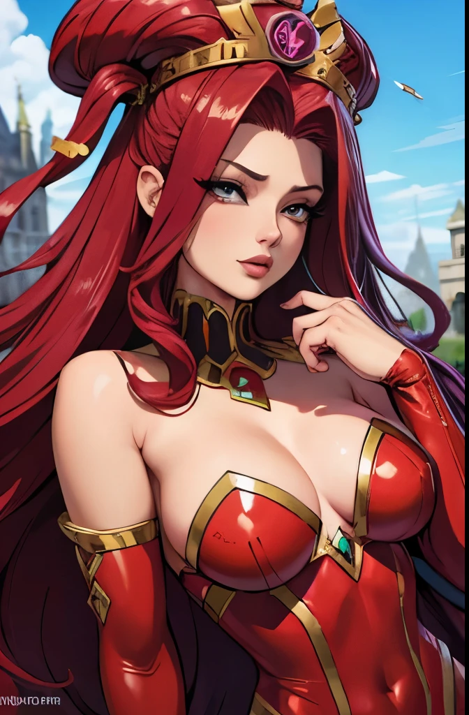 Queen medusa from battle trough the heavens in her red costume looking very sexy intricate details ultra realistic smooth sharp focus no blur no dof extreme illustration masterpiece