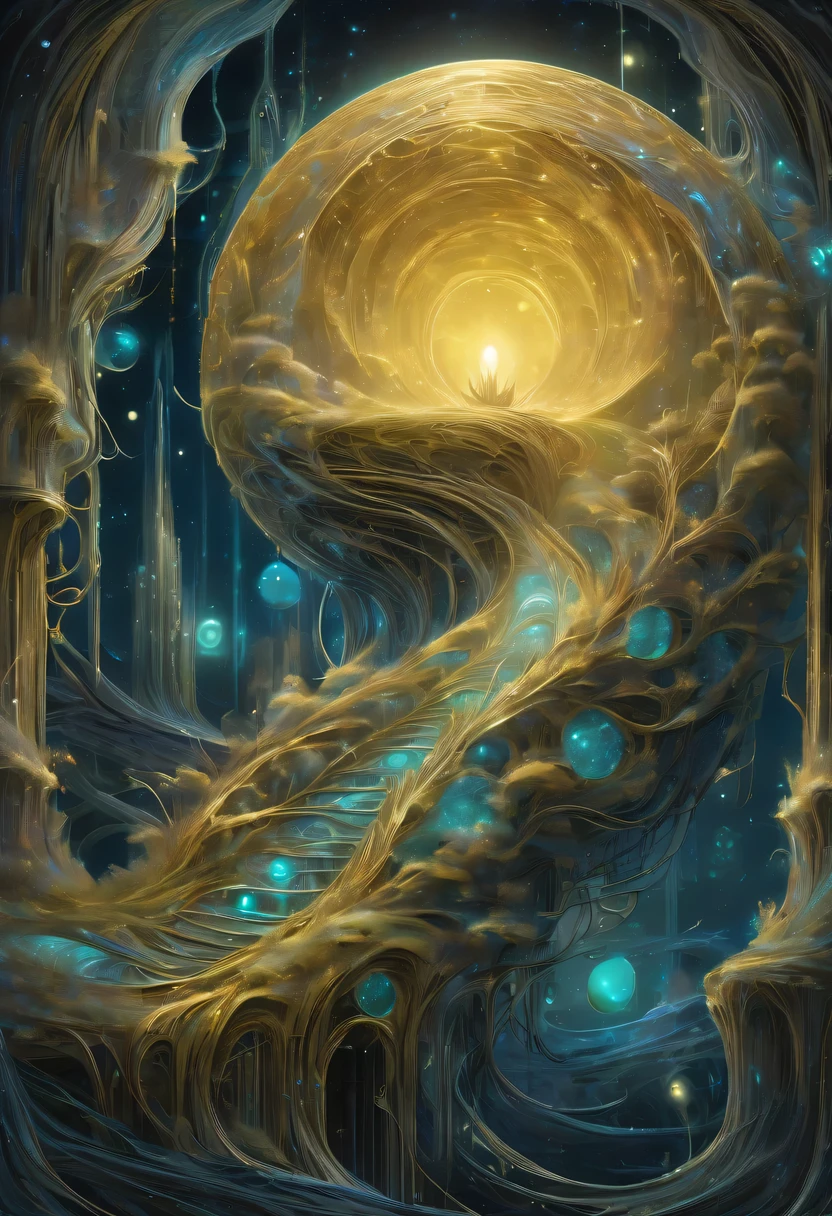 A magical golden nest from the abyss,Nest of alien life, Illumination of bioluminescent plants, The content is very detailed, Surrealism, 10k high resolution, Gouache style, scribble art, Glaslorne, Influenced by Art Nouveau, Given, and future, The Art of Lunar Encryption Wow,