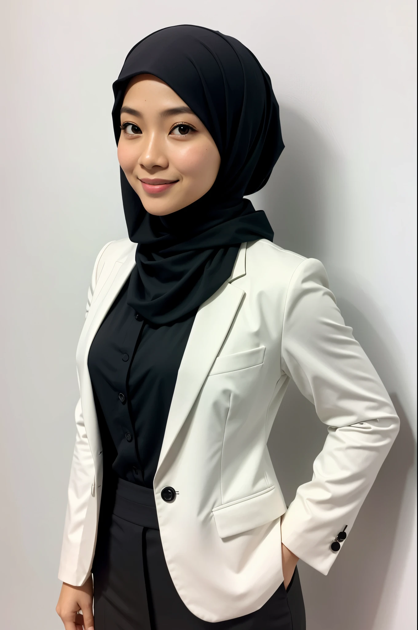 35 year old malay asian lady on white background, taking a passport photo, wearing hijab perfect neat styling, plain, proper formal attire, colored blazer, half body, mid shot, standing straight, hand down, looking at camera, smiling, soft smile, professional , front view, straight front view.