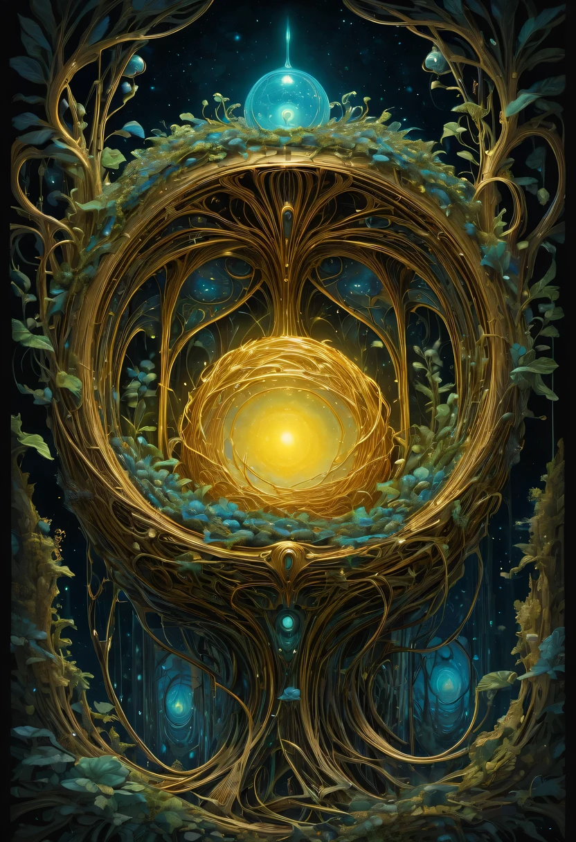 A magical golden nest from the abyss,Alien Thunderbird's Nest, Illumination of bioluminescent plants, The content is very detailed, Surrealism, 10k high resolution, Gouache style, scribble art, Glaslorne, Influenced by Art Nouveau, Given, and future, The Art of Lunar Encryption Wow,