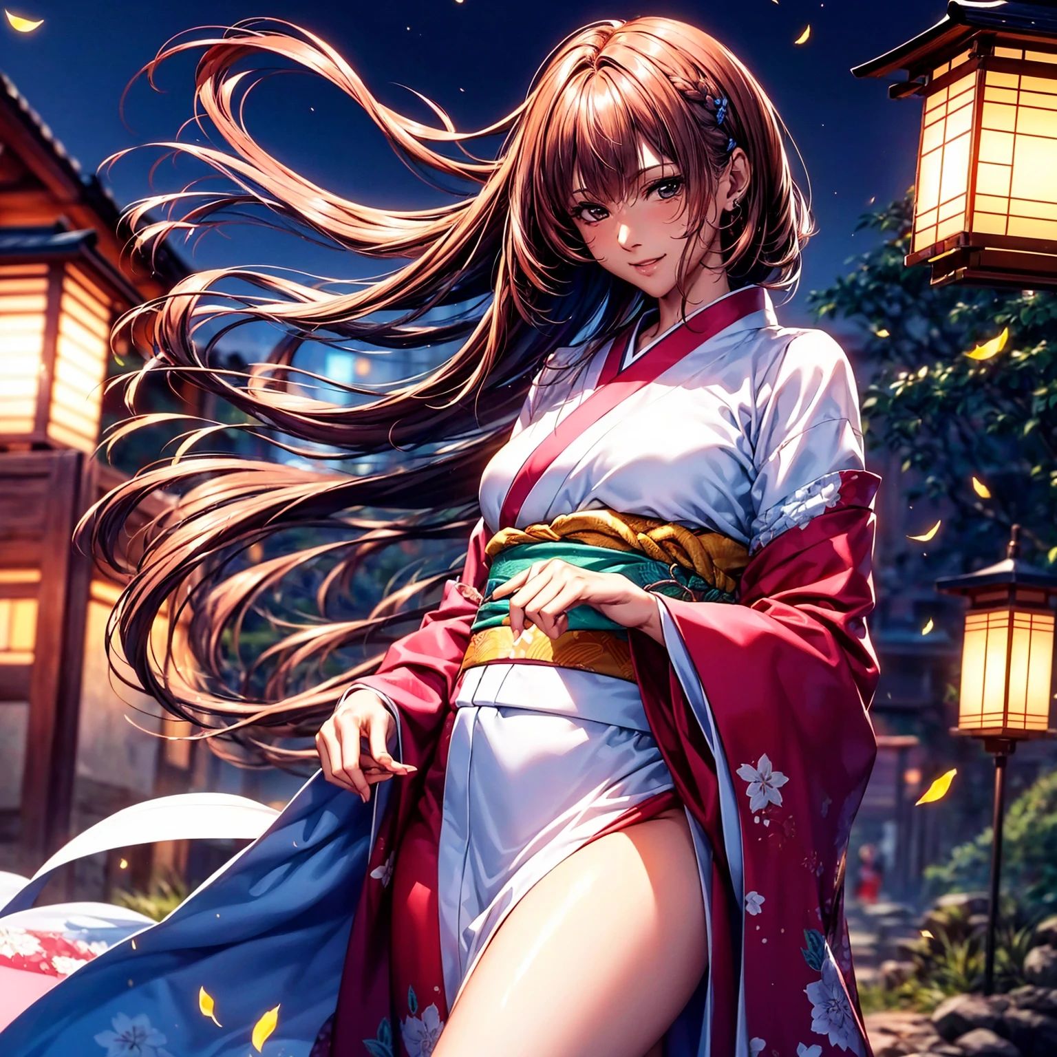 (highest quality、masterpiece、very high resolution、ultra high resolution.High resolution detail 1.5)、(A woman with perfect and ultimate beauty:18-year-old,bright smile,beautiful body、beautiful face)、(There are many variations of hairstyles,The bangs are neatly arranged,Long straight side hair,beautiful hair quality),(Beautiful with a slender body shape:F cup,beautiful hair texture,Beautiful skin texture)、((Wearing a Japan kimono:pattern and color,Kimono with long obi and large sleeves,shoulders are exposed,Wear it down)),(Mt. Momiji,Fantastic waterside,There is a waterfall,Autumn leaves and lanterns,mysterious night sky、beautiful scenery),(The wind is blowing,My hair, obi, and long sleeves flutter due to the wind.,beautiful pose,model shoot),realistic portrait、realistic textured skin、(highly detailed images、accurate image、Perfect Image 1.5)、beautiful anime woman, beautiful art style, anime character、Overall image、accurate anatomy、Image without defects、natural soft light、beautiful images、(best shot,RAW photo)