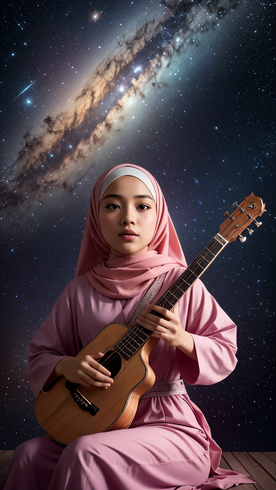 Generate an artistic scene depicting a Malay girl in hijab playing a traditional instrument under a celestial sky filled with musical notes and constellations. Convey the harmony of music and the cosmos, 8mm lens, Extreme close-up, pastel color grading, depth of field cinematography effect, film noir genre, 8k resolution, high quality, ultra detail,