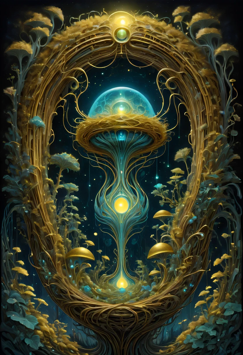 A magical golden nest from the abyss,Alien Thunderbird&#39;s Nest, Illumination of bioluminescent plants, The content is very detailed, Surrealism, 10k high resolution, Gouache style, scribble art, Glaslorne, Influenced by Art Nouveau, Given, and future, The Art of Lunar Encryption Wow,