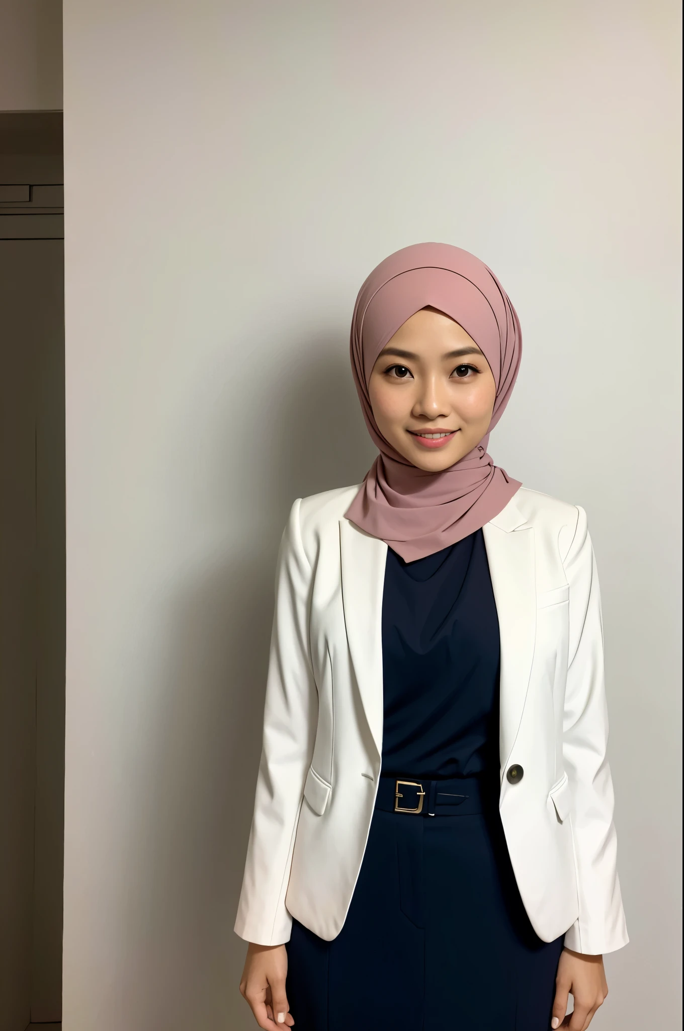 35 year old malay asian lady on white background, taking a passport photo, wearing hijab perfect neat styling, plain, proper formal attire, colored blazer, half body, mid shot, standing straight, hand down, looking at camera, smiling, soft smile, professional , front view, straight front view.