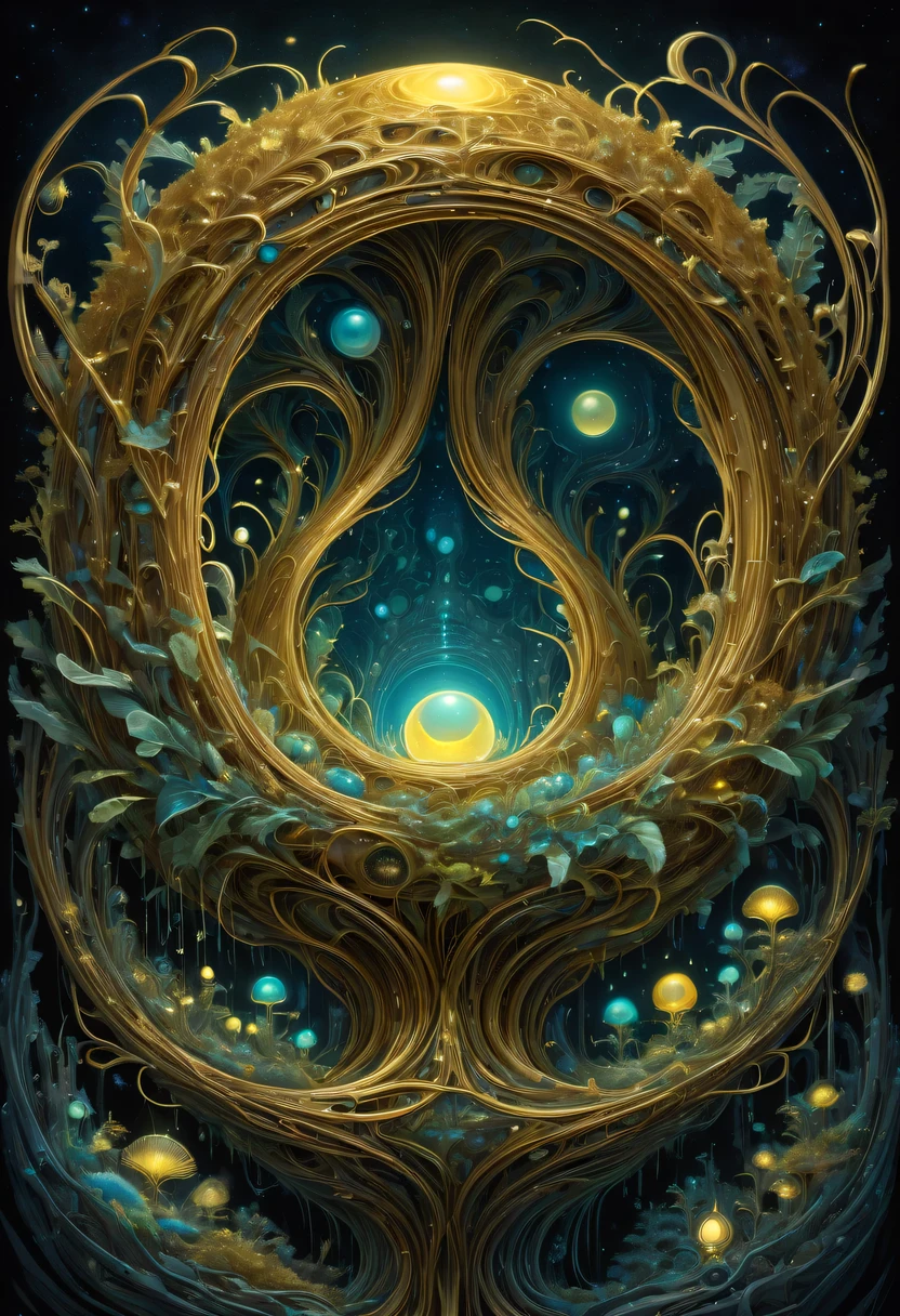 A magical golden nest from the abyss,Nest of alien life, Illumination of bioluminescent plants, The content is very detailed, Surrealism, 10k high resolution, Gouache style, scribble art, Glaslorne, Influenced by Art Nouveau, Given, and future, The Art of Lunar Encryption Wow,